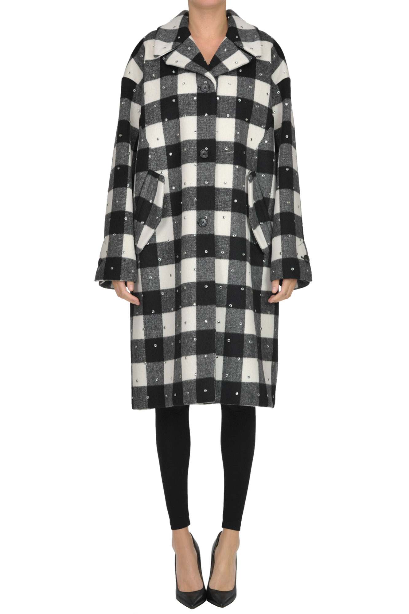 N°21 Checked Print Coat With Strass In Black