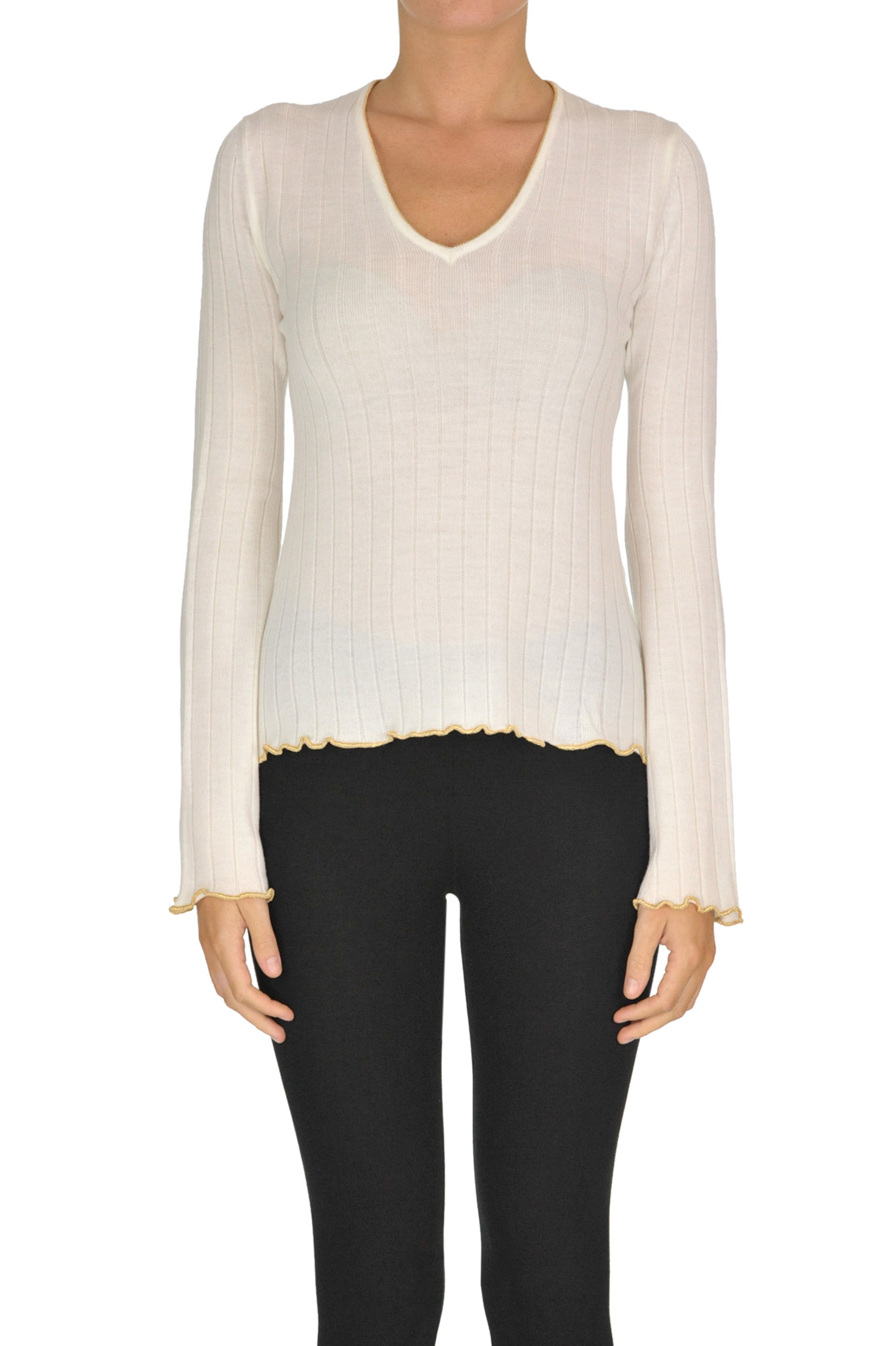 Dondup Ribbed Wool Knit Pullover In Ivory