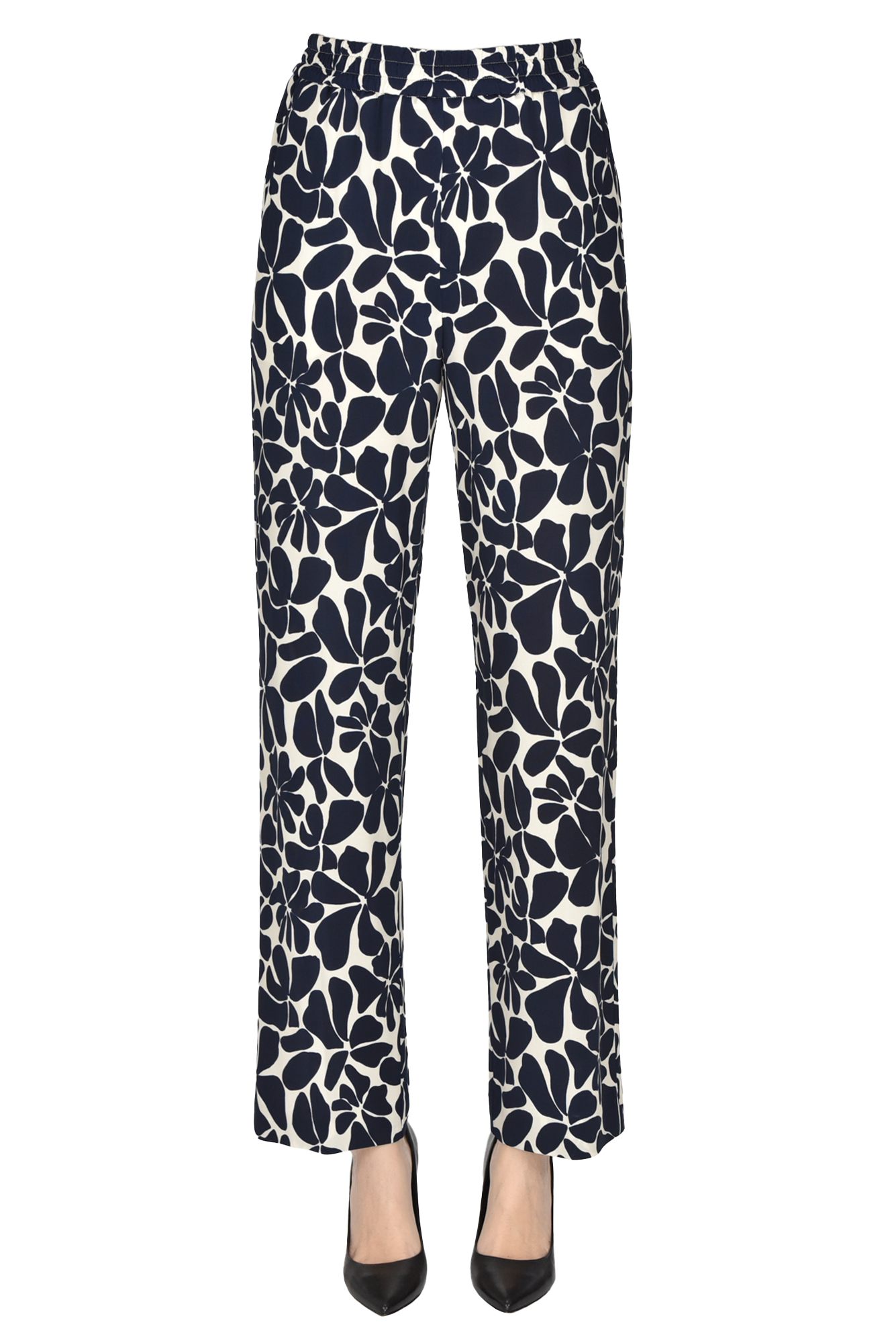 Via Masini 80 Flower Jersey Trousers In Navy Blue