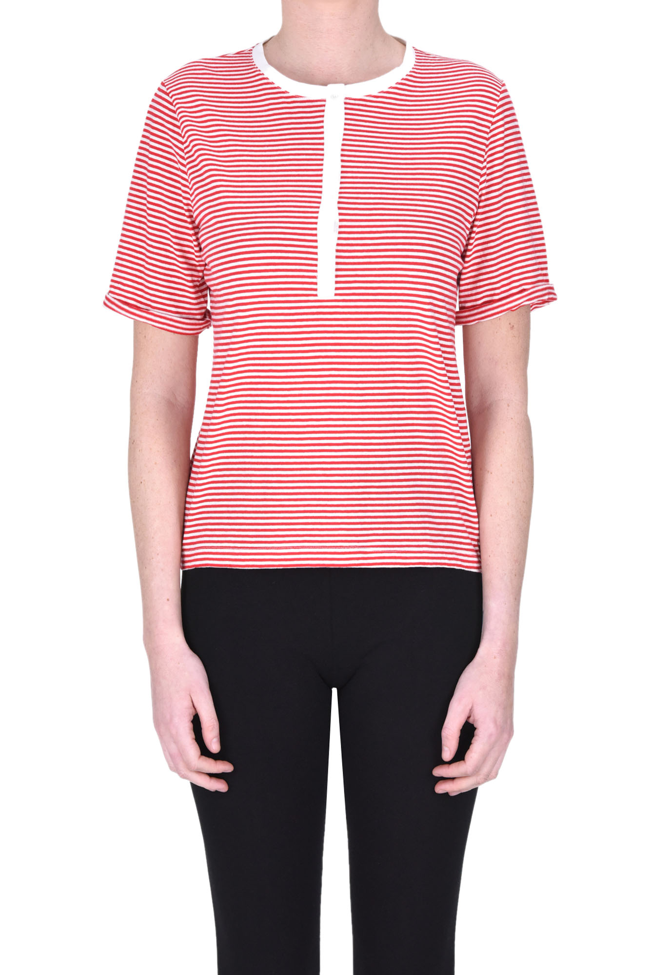 Shop Fortela Striped Cotton Serafino T-shirt In Red