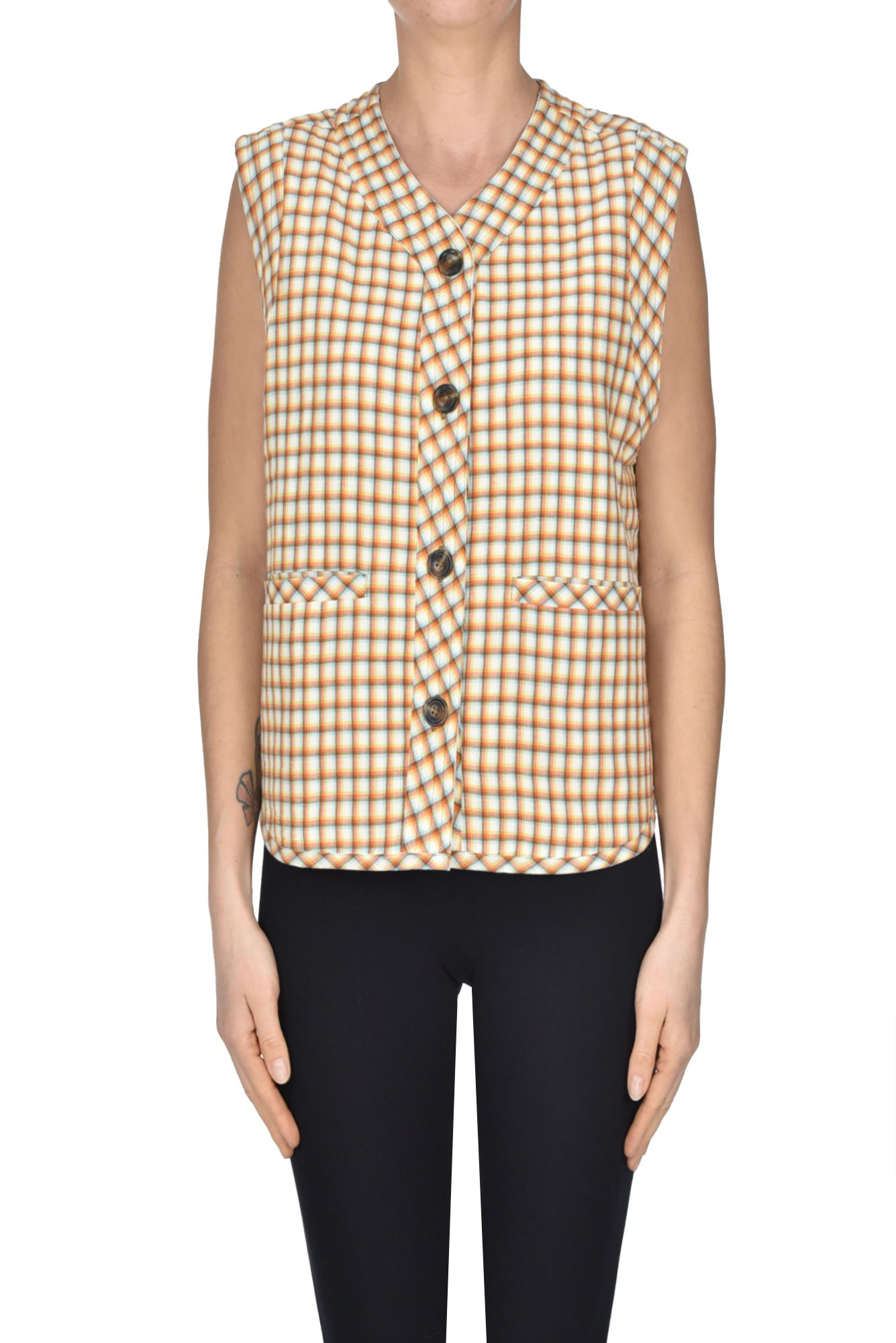 Moismont Checked Print Quilted Gilet In Beige