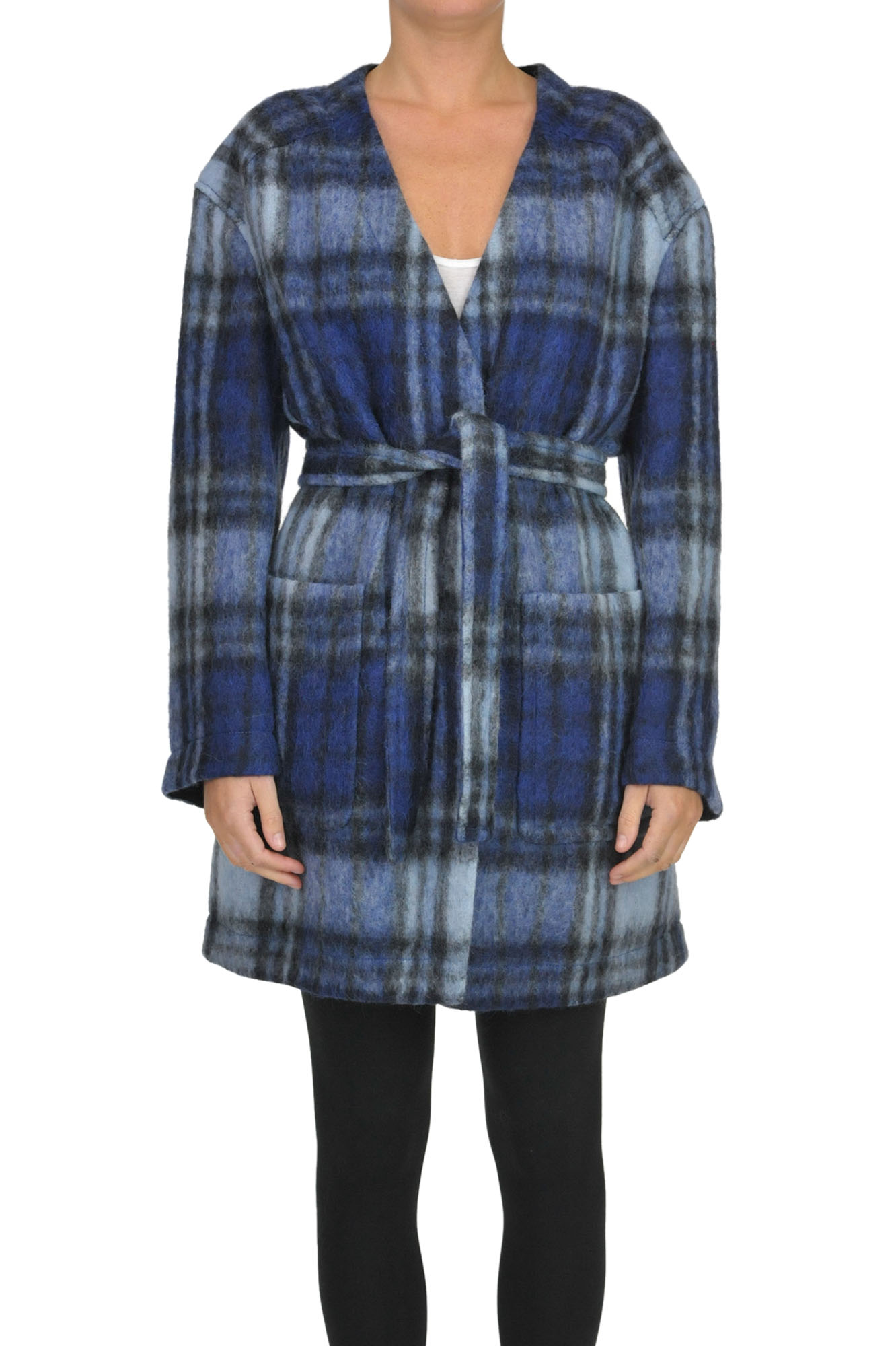 Dondup Checked Print Robe Coat In Blue