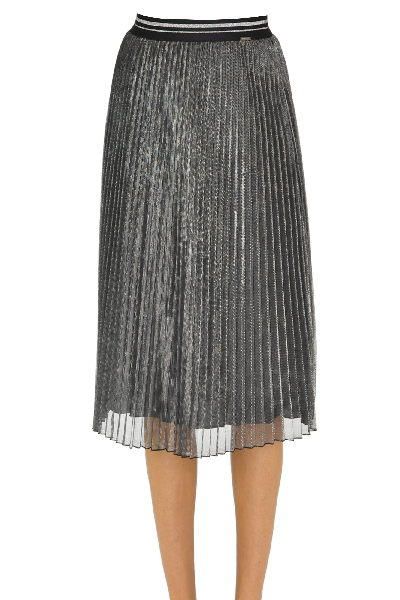 Pleated metallic effect skirt
