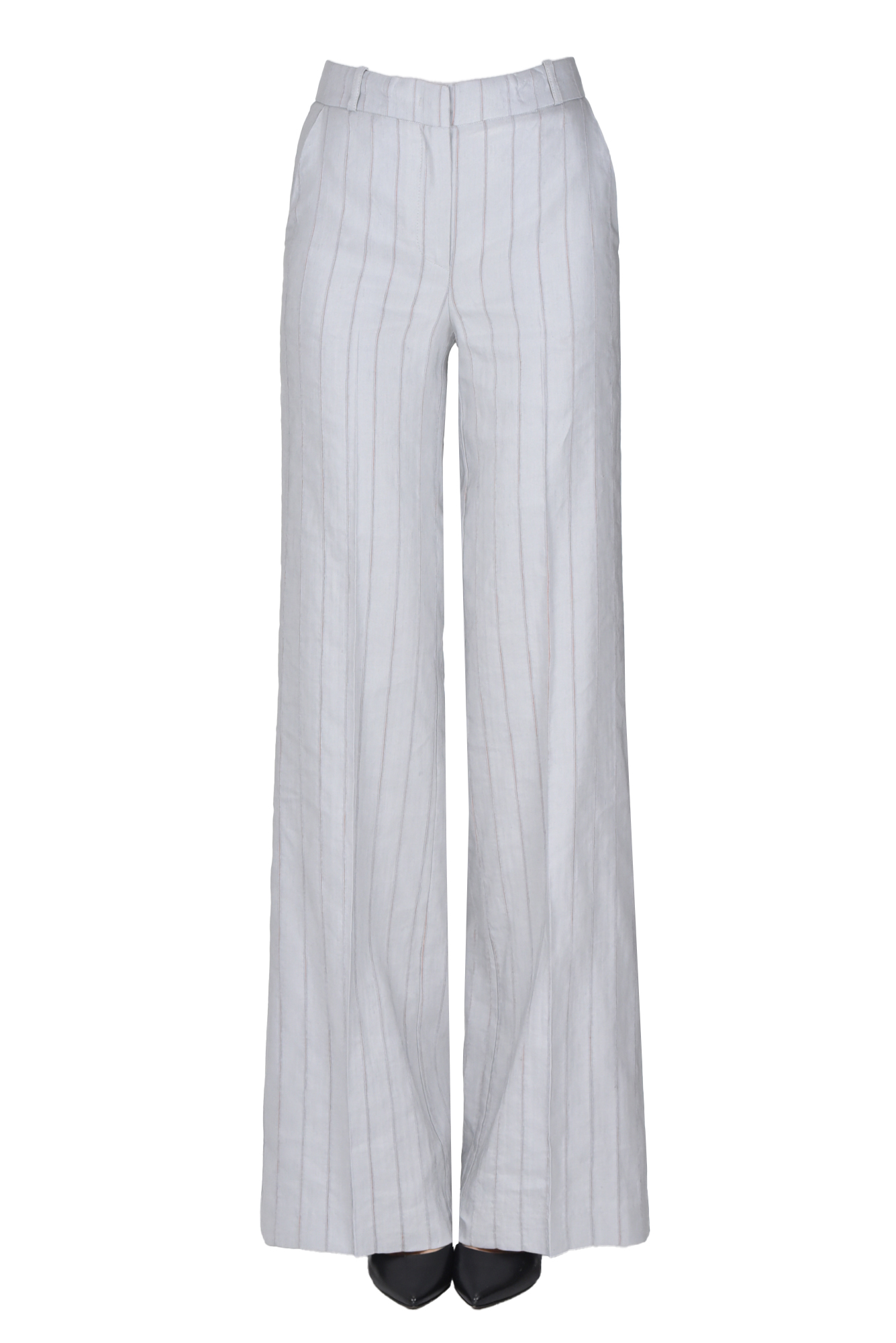 Kiltie Pinstriped Linen Trousers In Light Grey
