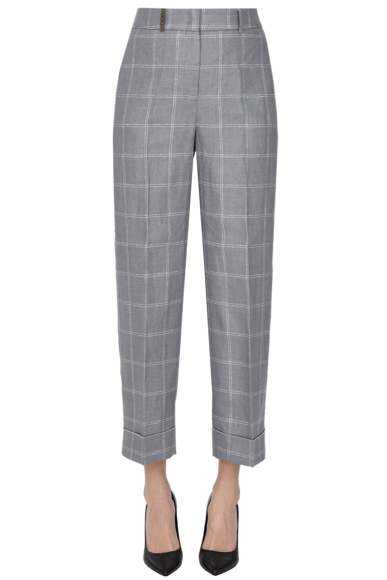 Shop Peserico Checked Print Linen Trousers In Grey