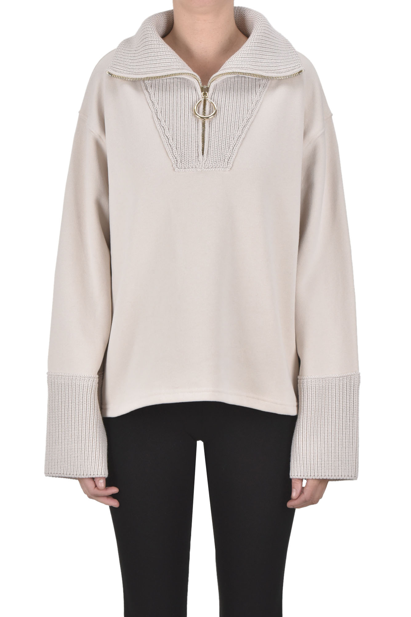 Shop Dondup Ribbed Knit Insert Sweatshirt In Beige