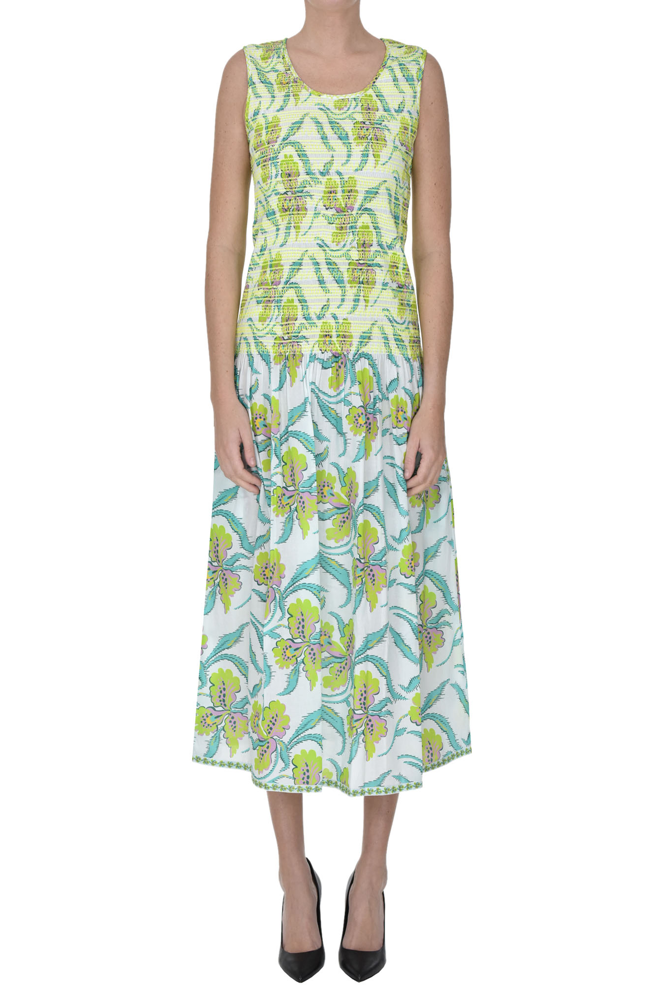 Nimo With Love Printed Organic Cotton Long Dress In Lime