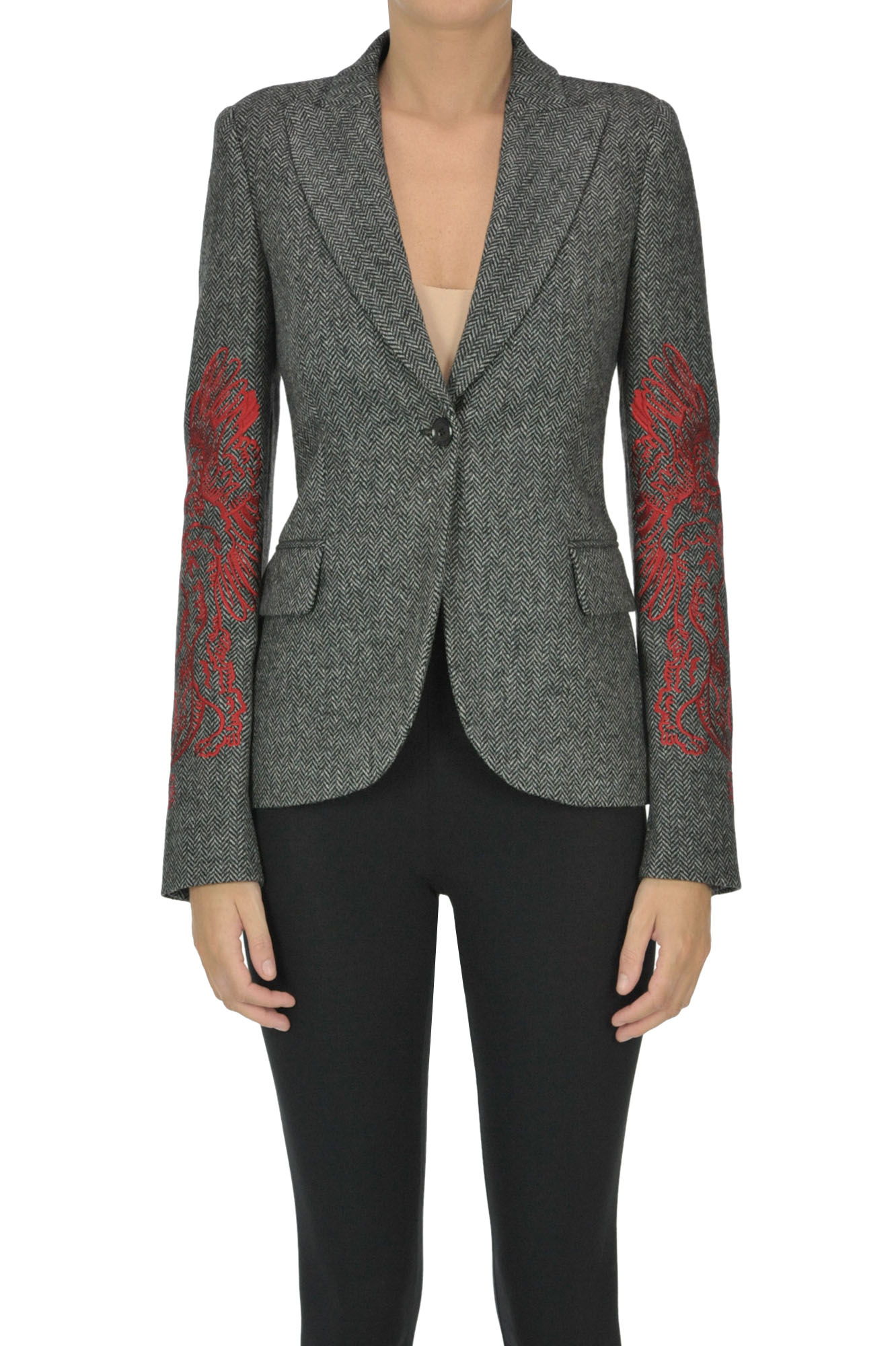 Moschino Boutique Herringbone Blazer With Embroidery In Charcoal