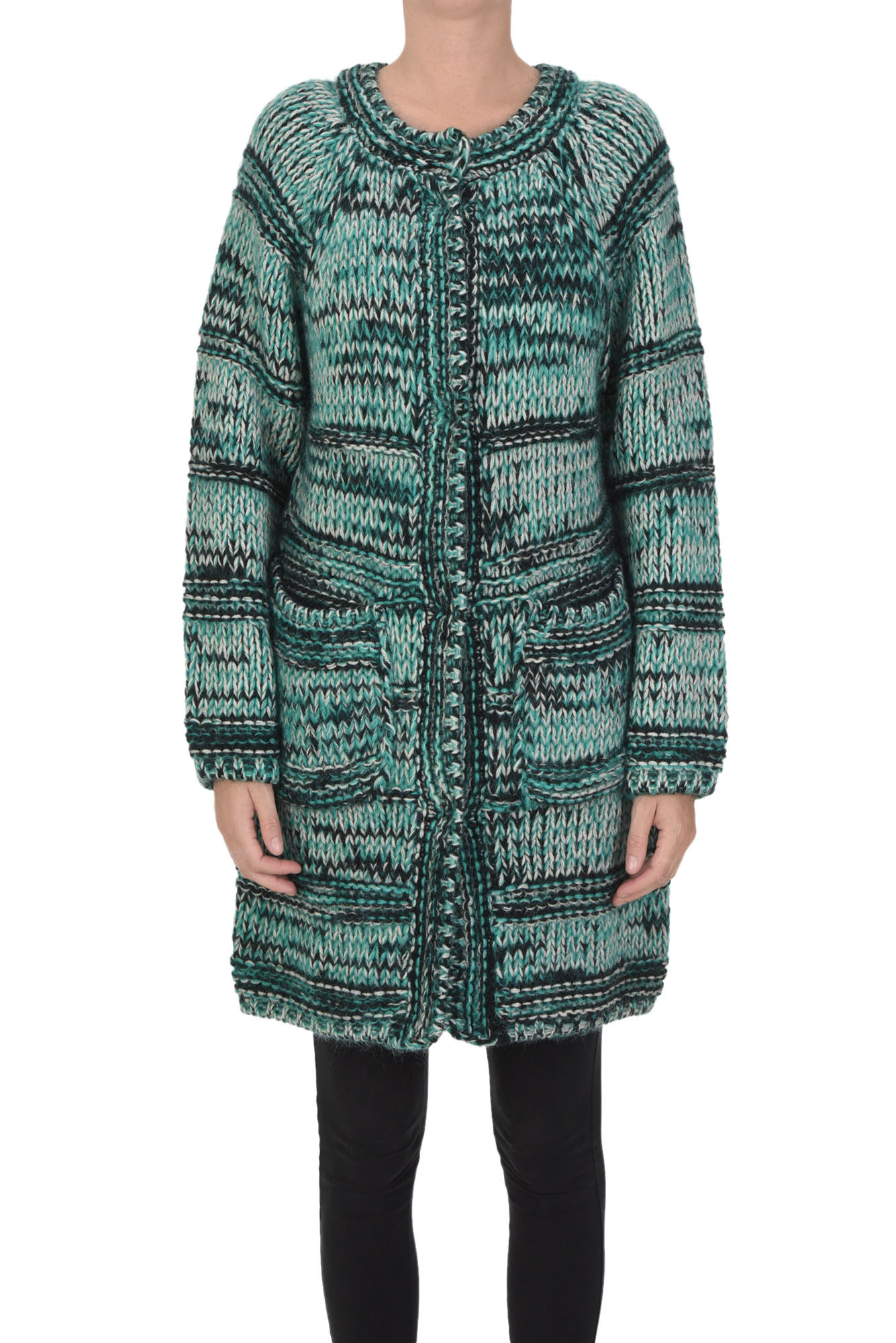 P.a.r.o.s.h Knitted Maxi Cardigan Coat In Emerald Green