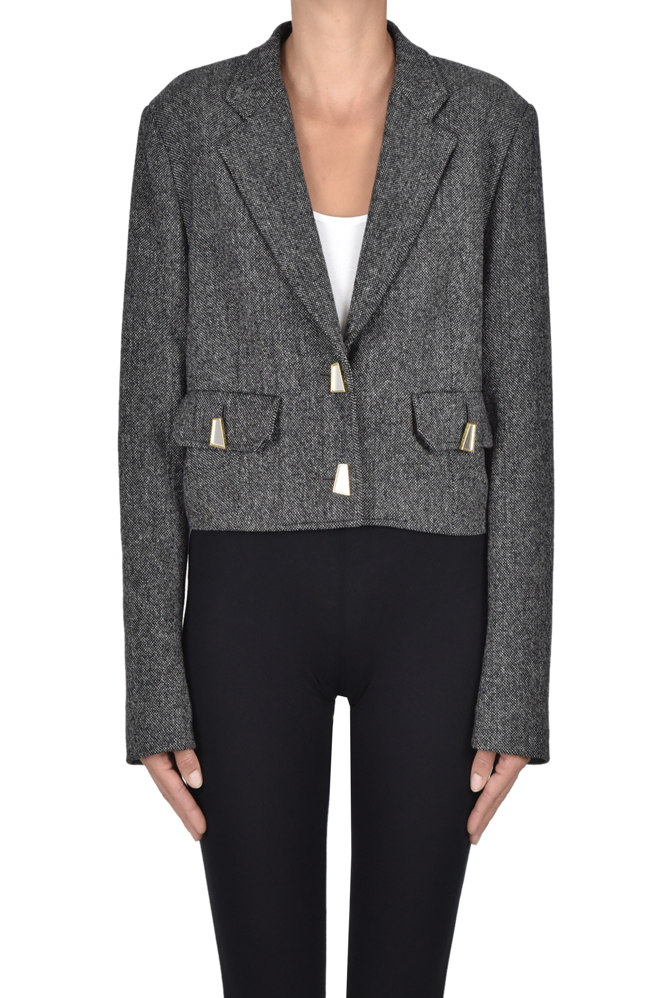 Pinko Short Jacket With Geometric Mirror-finish Buttons In Gray