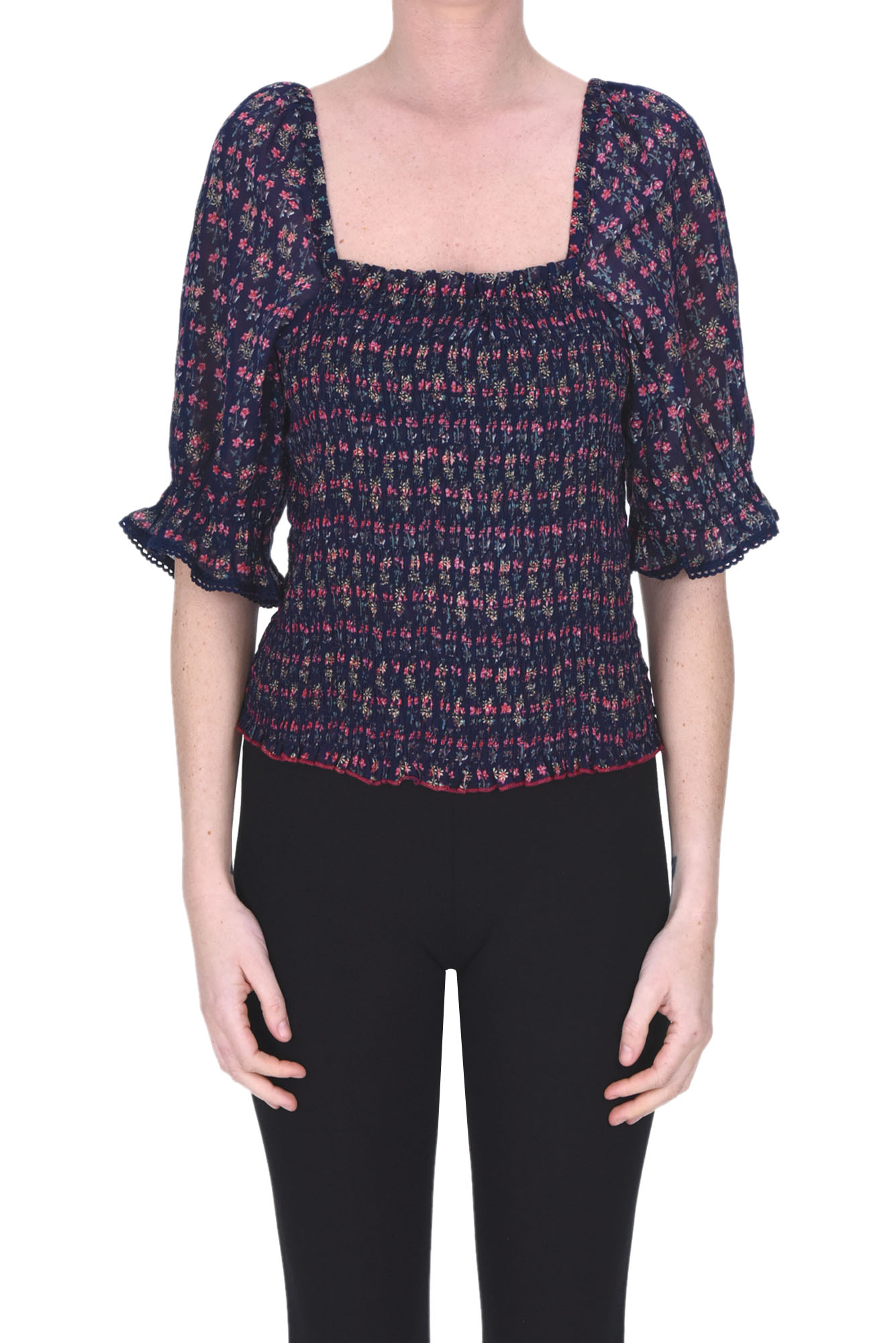 Shop Mabe Flower Print Cropped Blouse In Navy Blue
