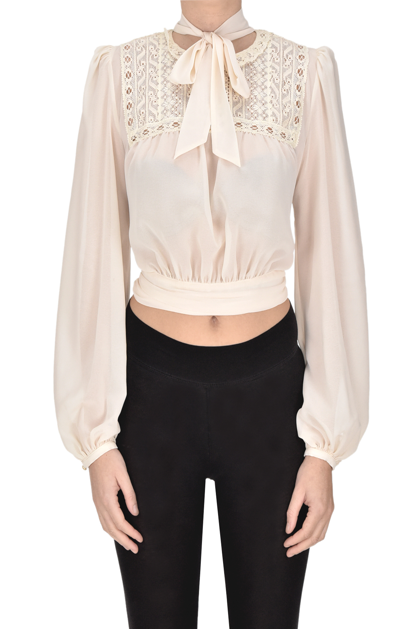 Elisabetta Franchi Cropped Shirt With Lace Inserts In Cream