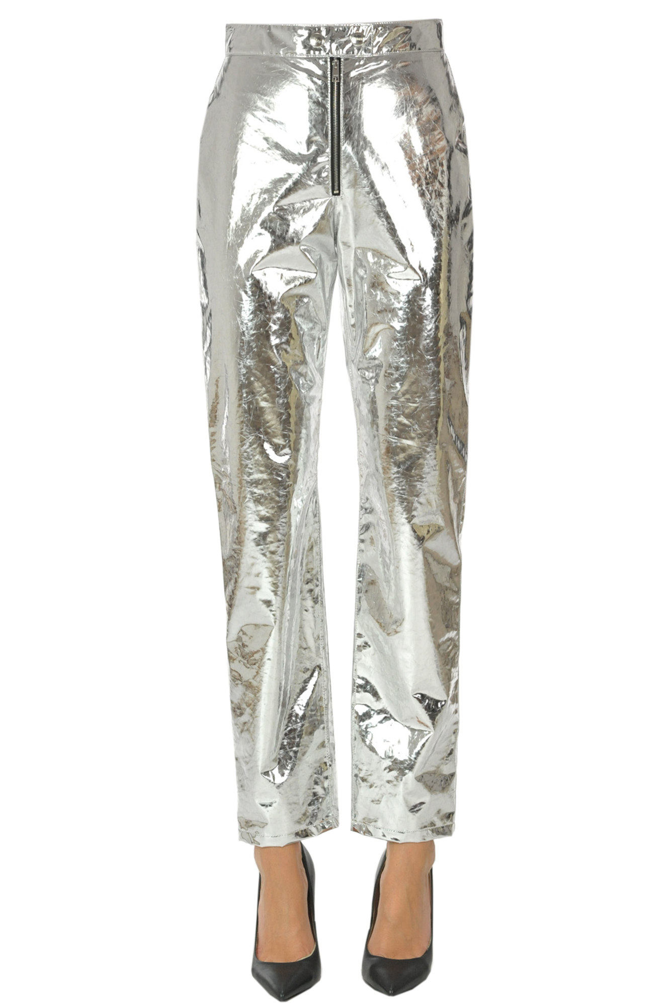 Metallic effect eco-leather trousers