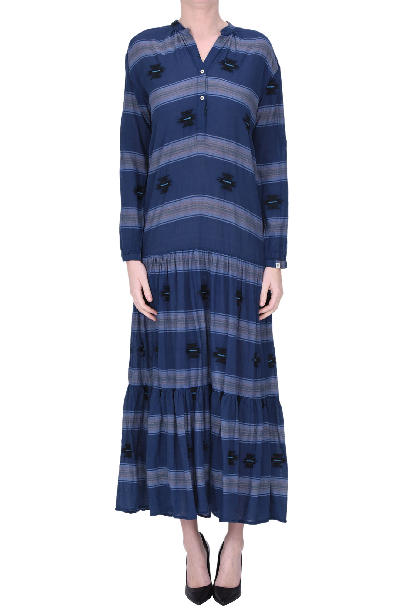 Shop Bsbee Embroidered Cotton Long Dress In Navy Blue
