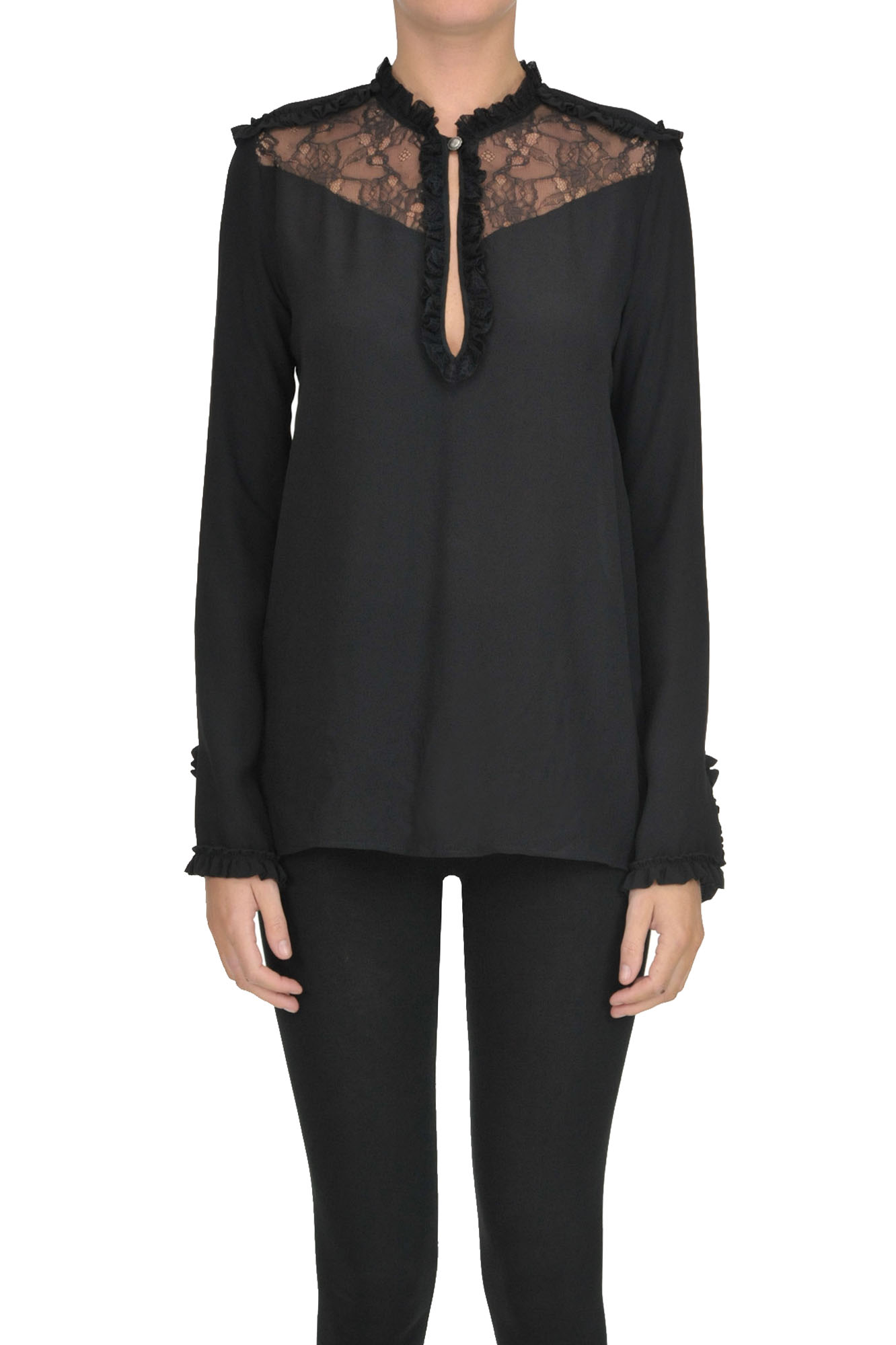 Pinko Silk Blouse With Lace In Black