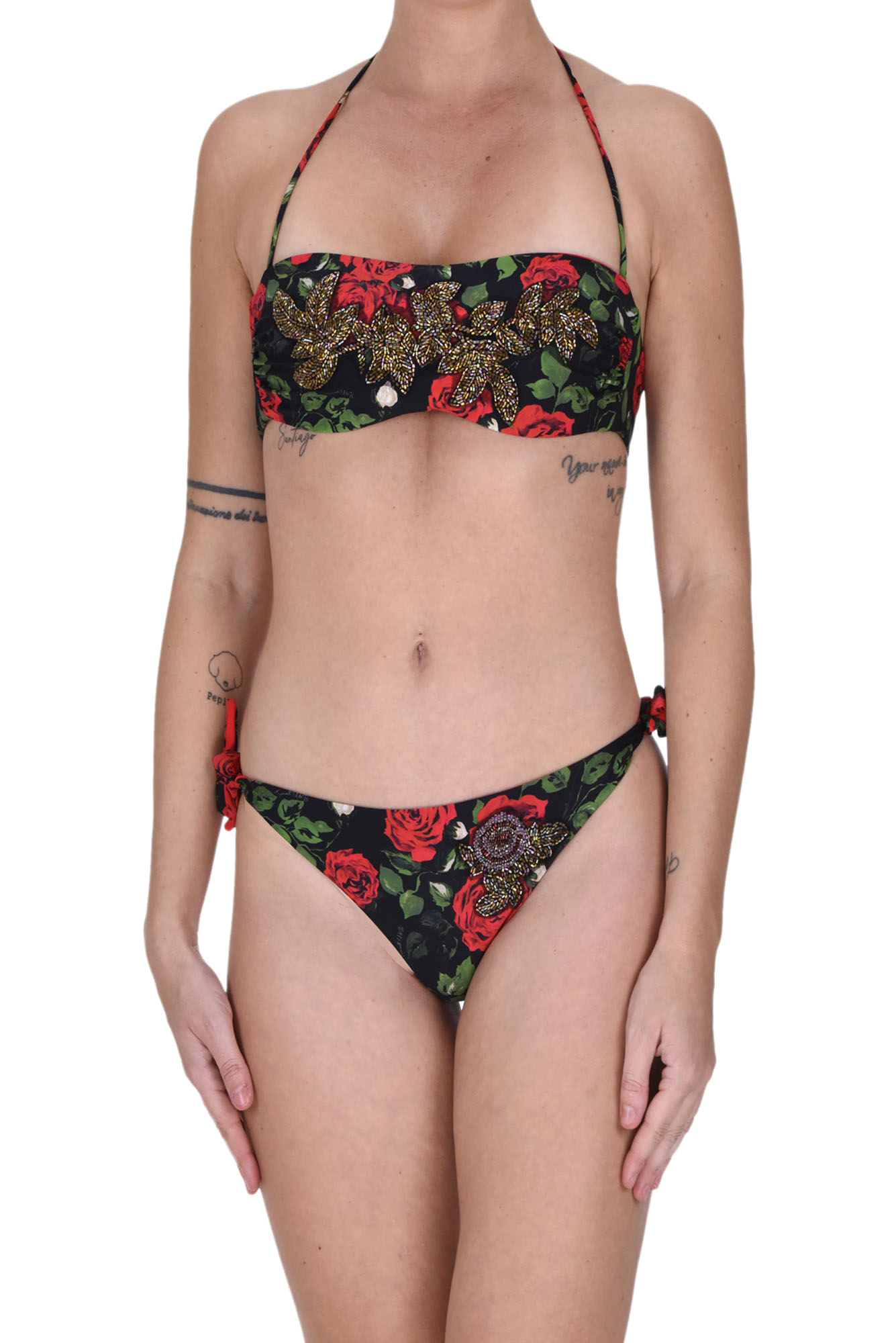 Shop Twinset U&b Flower Print Bandeau Bikini In Black