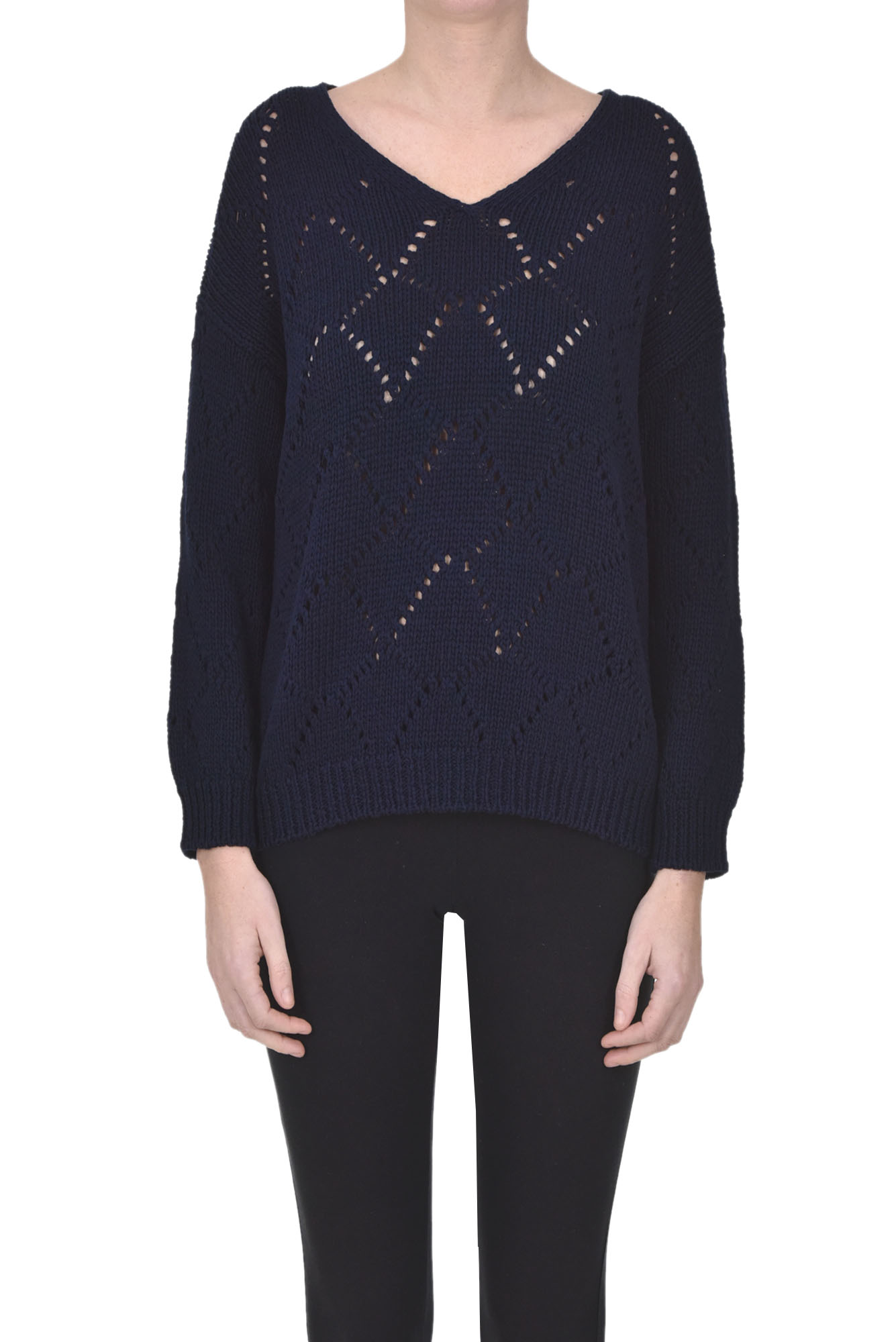 Anneclaire Woven Cotton Knit Pullover In Navy Blue