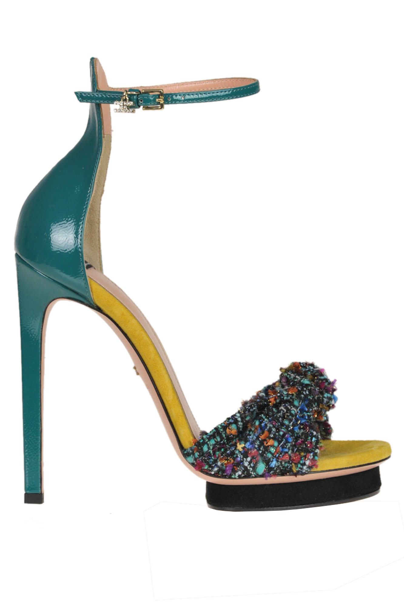 Elisabetta Franchi Leather And Bouclè Fabric Sandals In Emerald Green