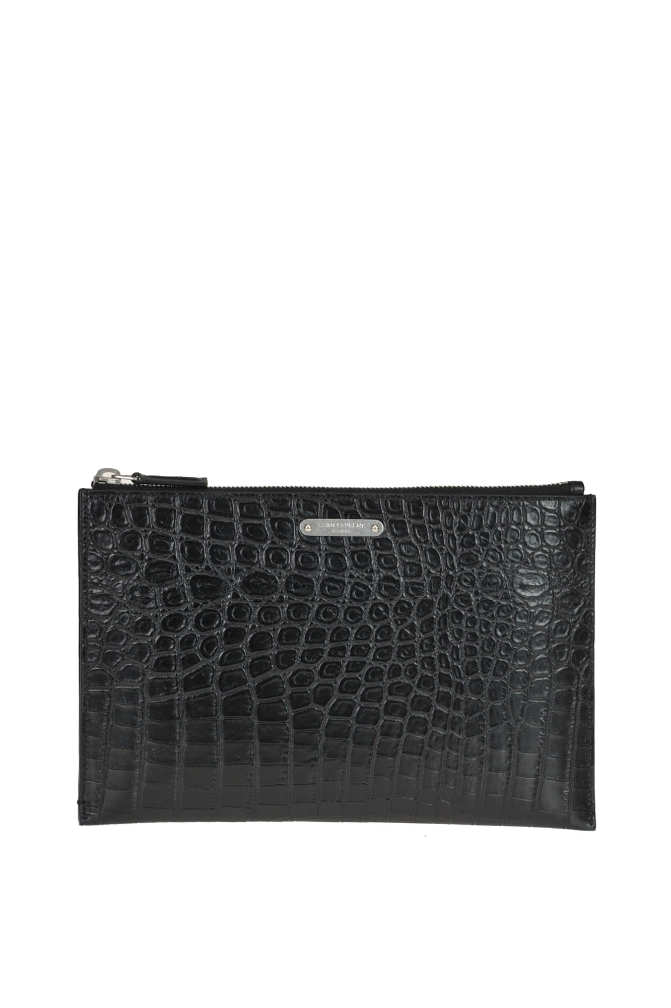 Saint Laurent Crocodile Print Leather Tablet Holder In Black