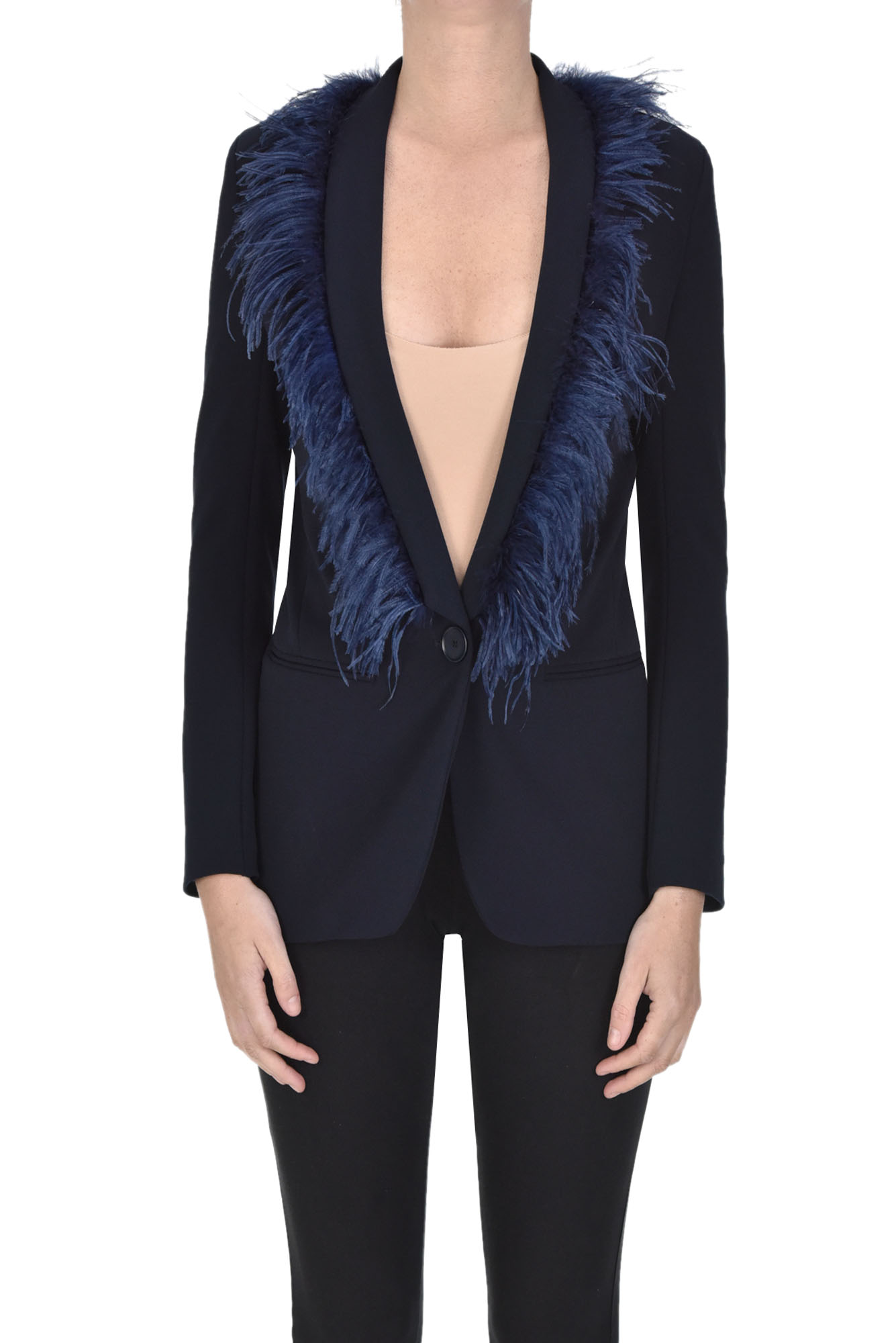 Merci Blazer With Feathers In Navy Blue