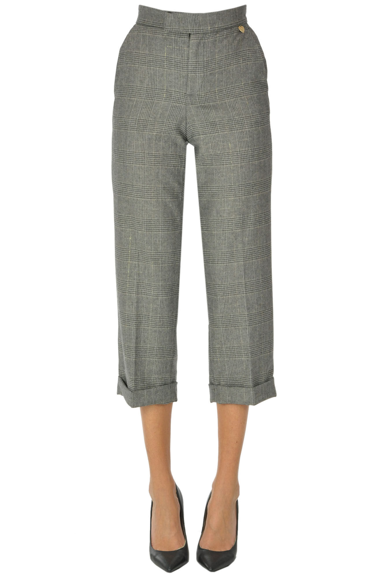 Twinset Milano Prince Of Wales Print Cropped Trousers In Dove-grey