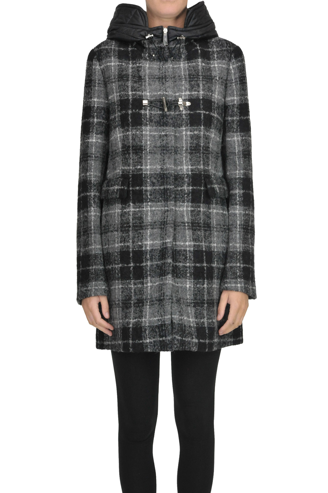 Fay Checked Print Coat In Charcoal