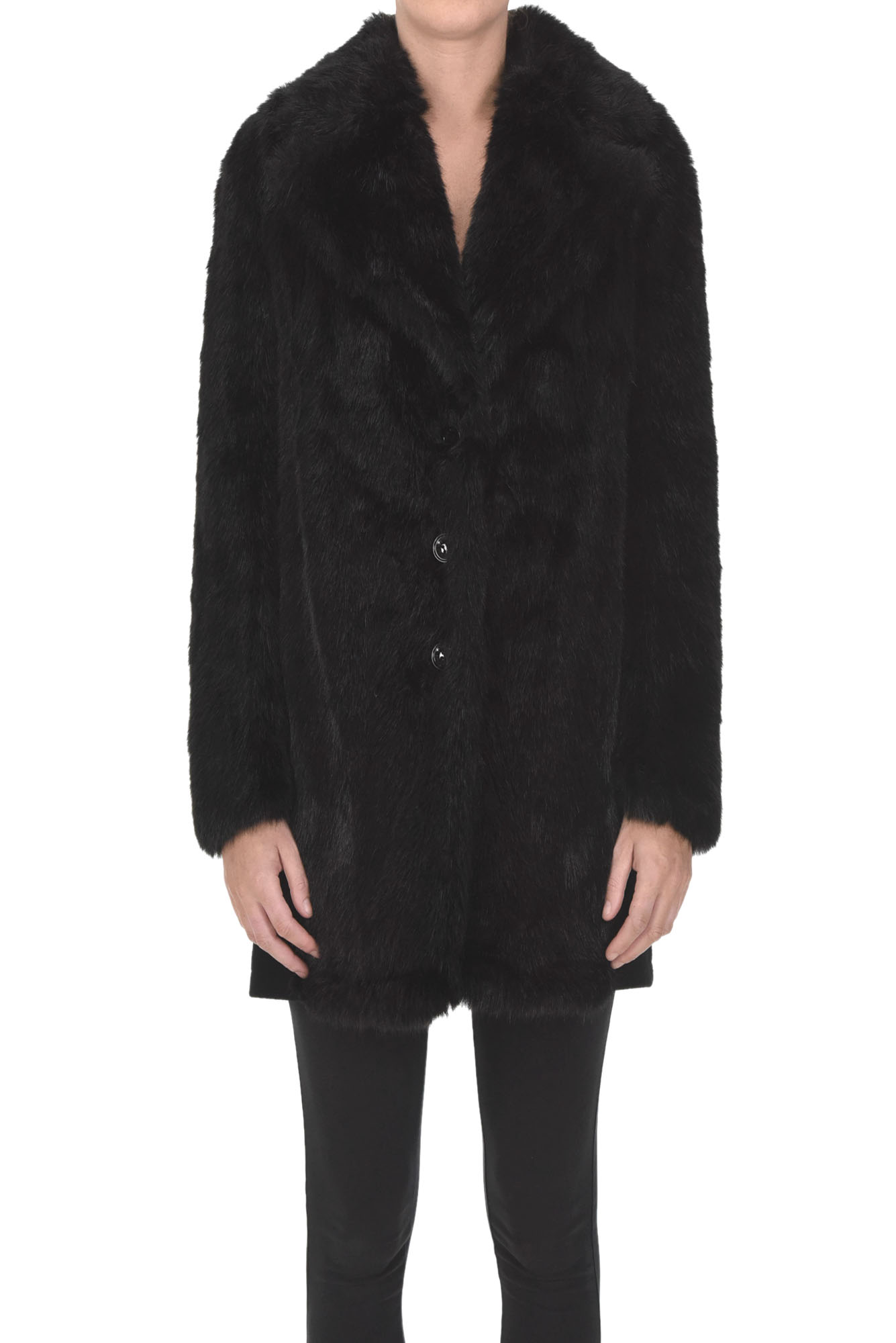 Patrizia Pepe Cloth And Eco-fur Coat In Black