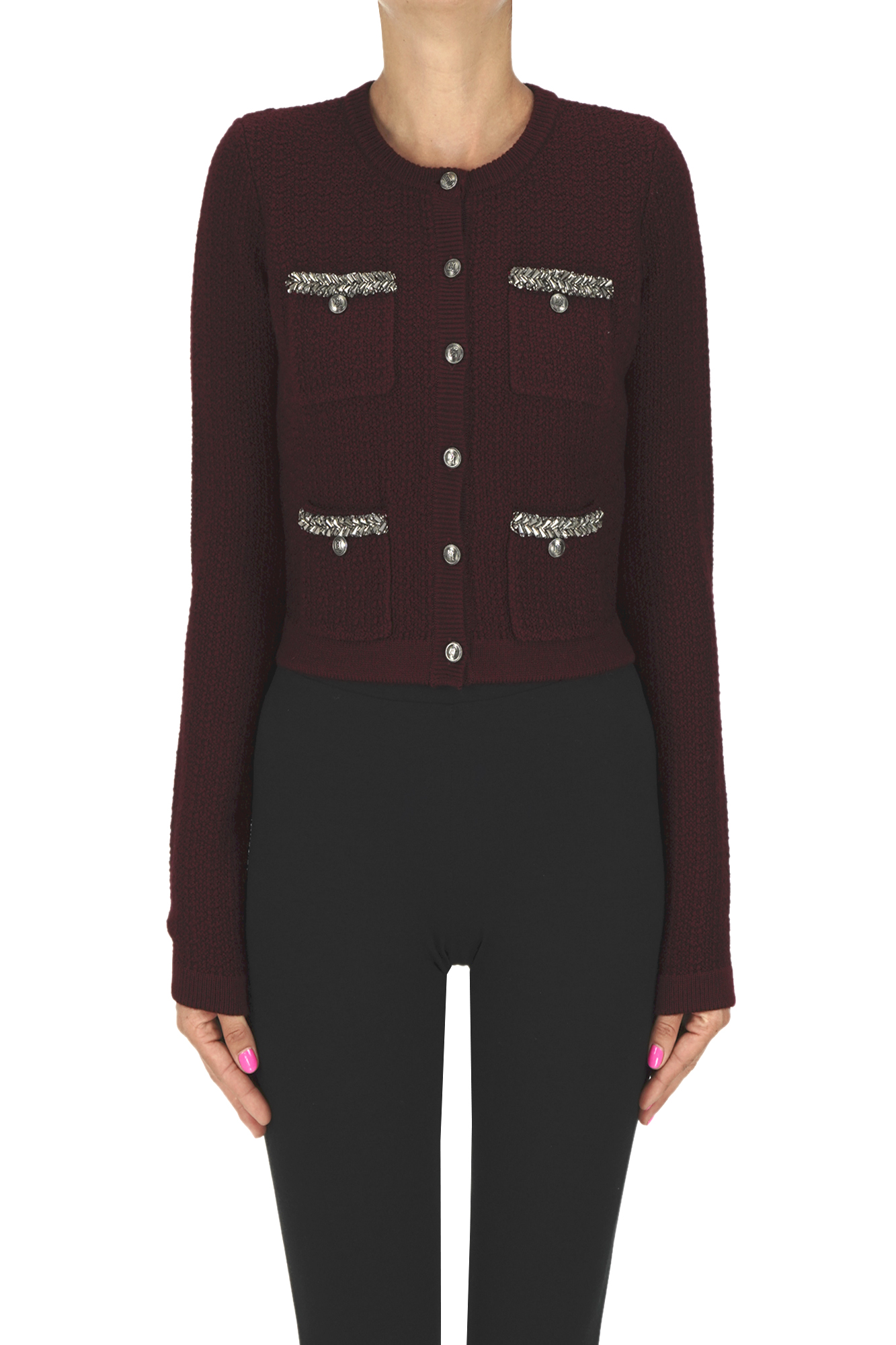 Elisabetta Franchi Bouclè Knit Cardigan Jacket In Burgundy