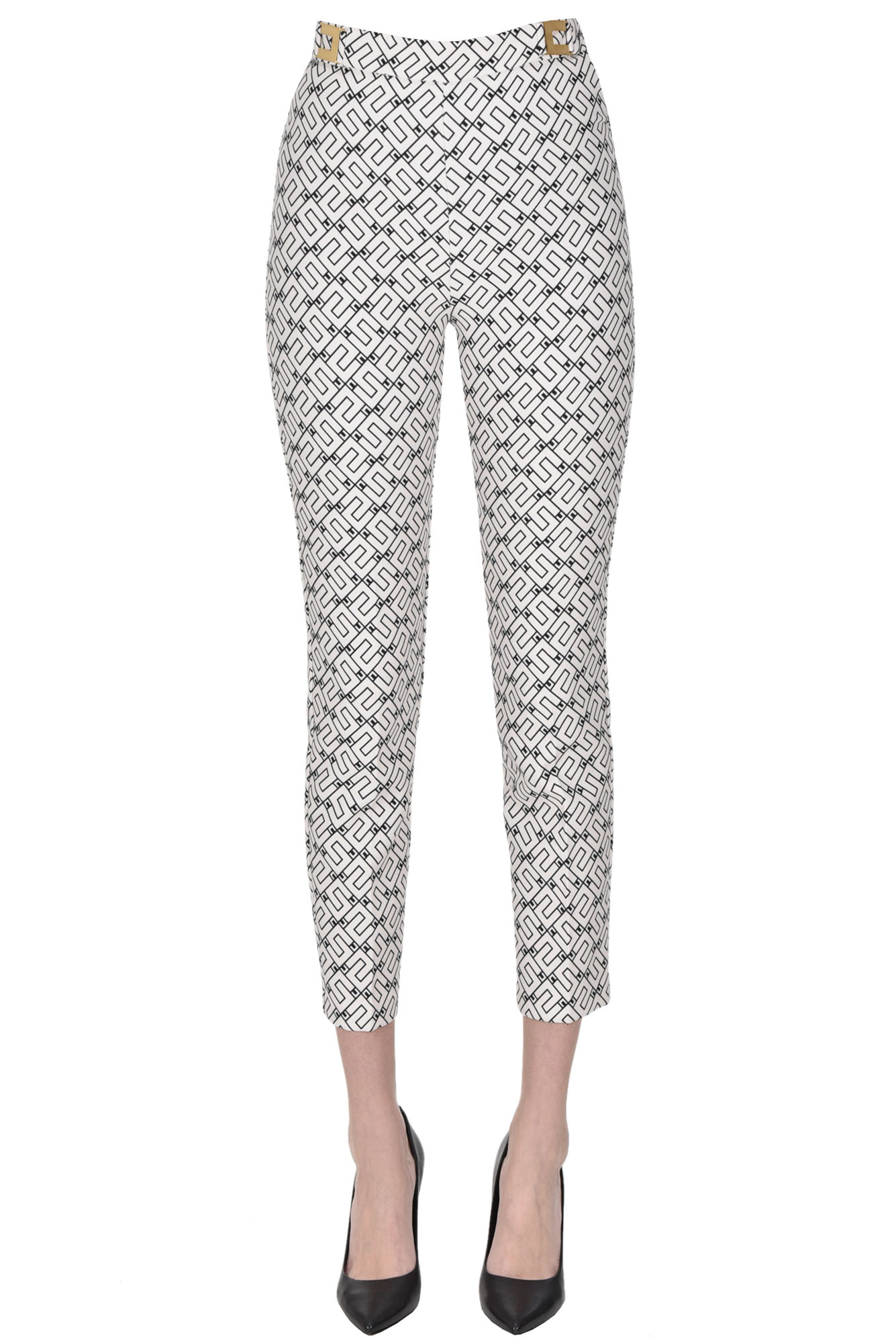 Shop Elisabetta Franchi Designer Logo Print Crepè Trousers In Cream