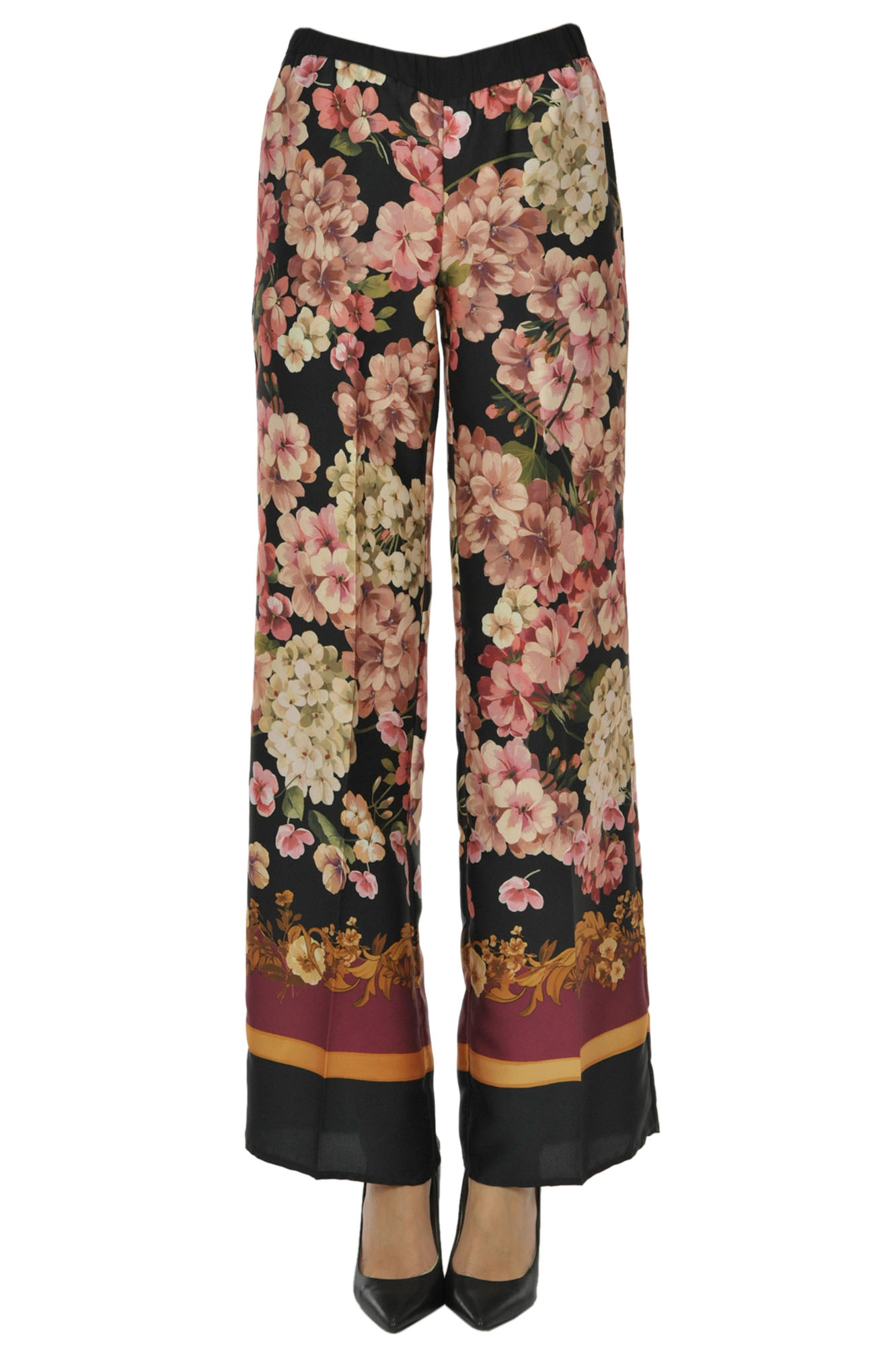 Twinset Milano Flower Print Satin Trousers In Multicoloured