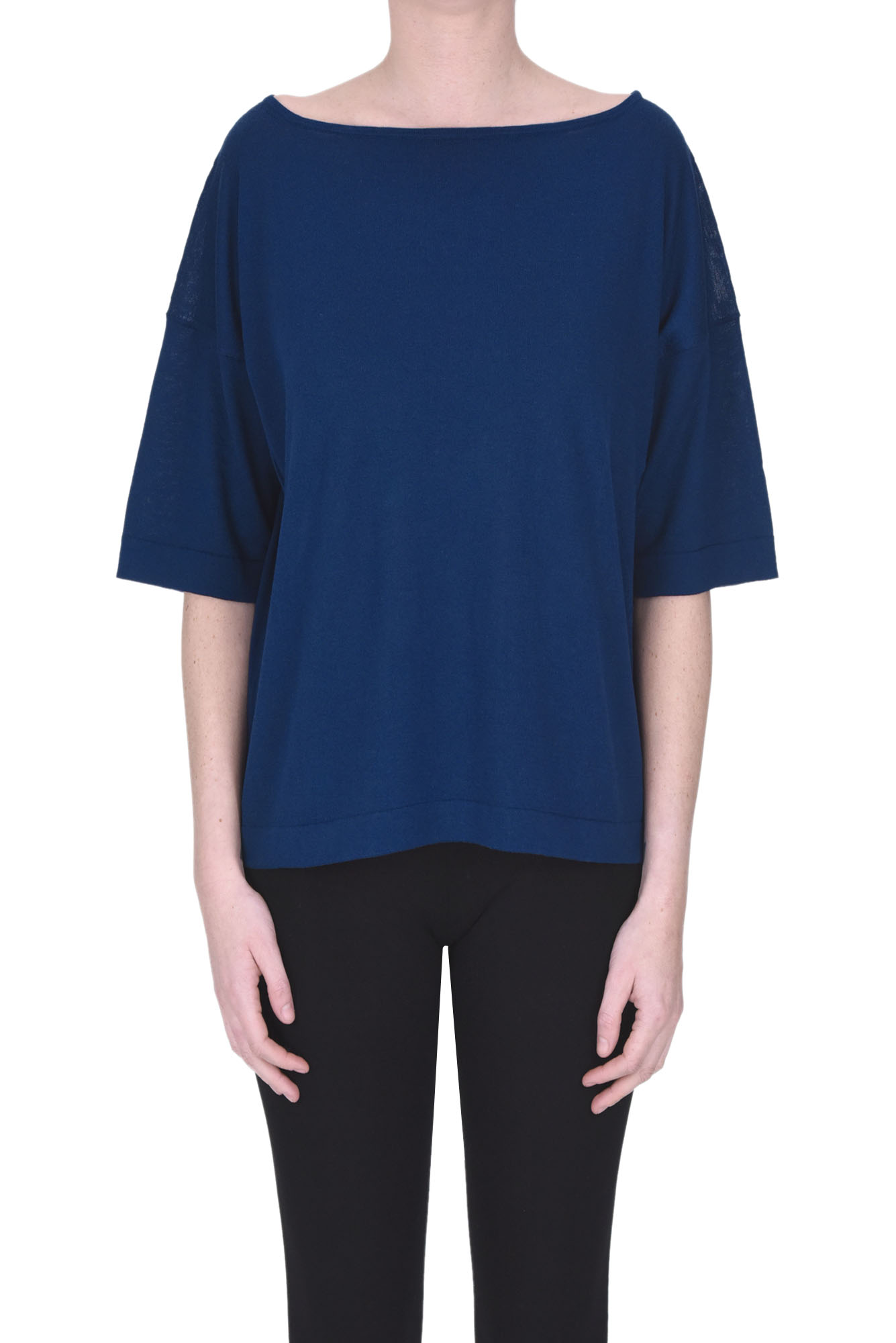 Shop Anneclaire Cotton Box Pullover In Navy Blue