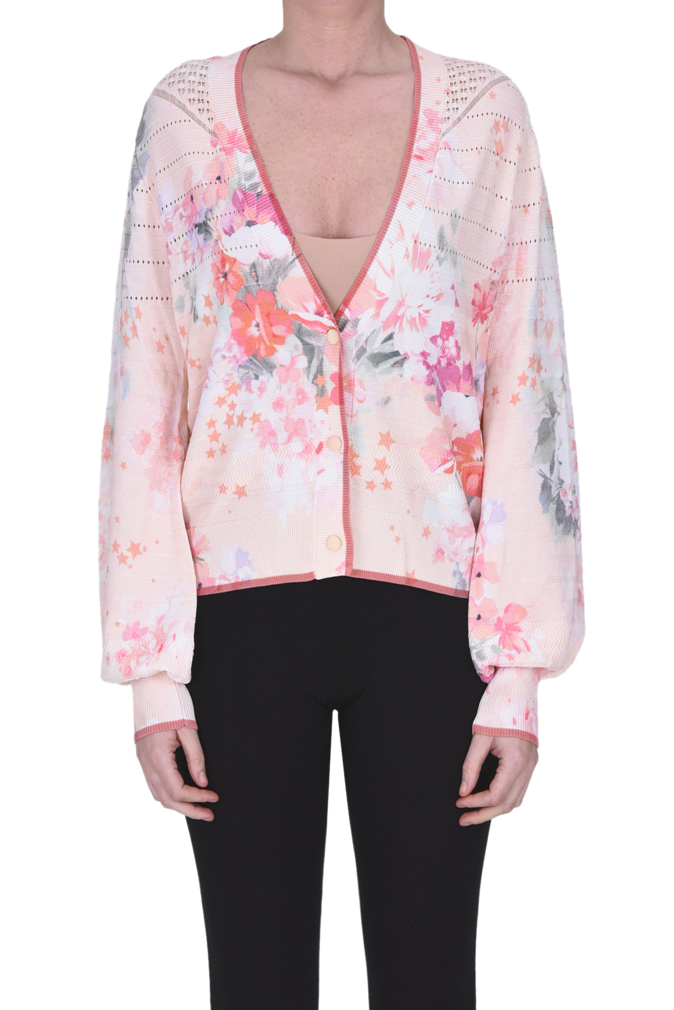 Shop Twinset Milano Flower Print Cardigan In Pale Pink