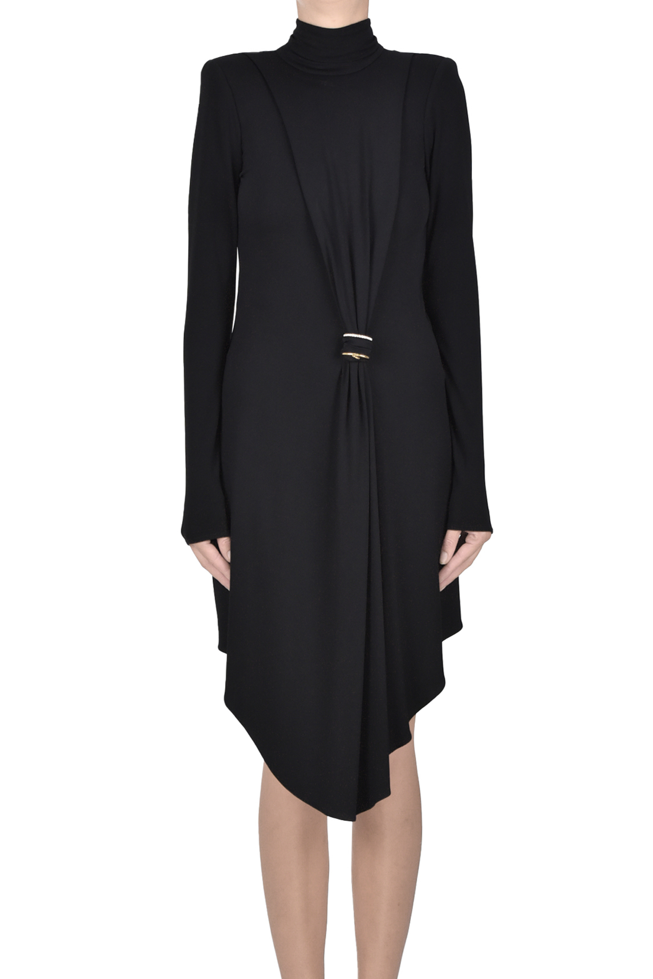 Elisabetta Franchi Draped Asymmetric Hem Dress With Embellished Detail In Black