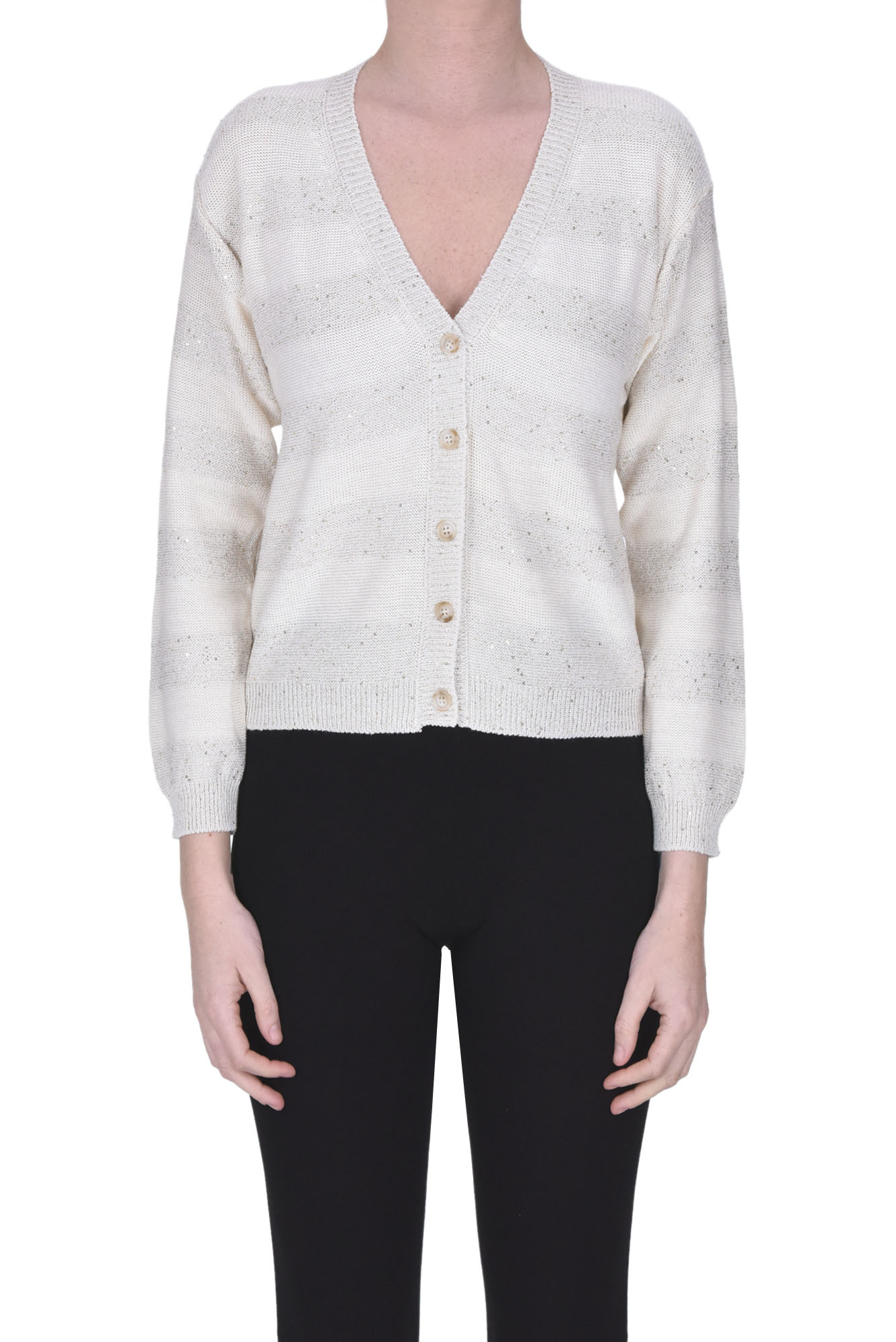 Shop Anneclaire Embellished Striped Cardigan In Cream
