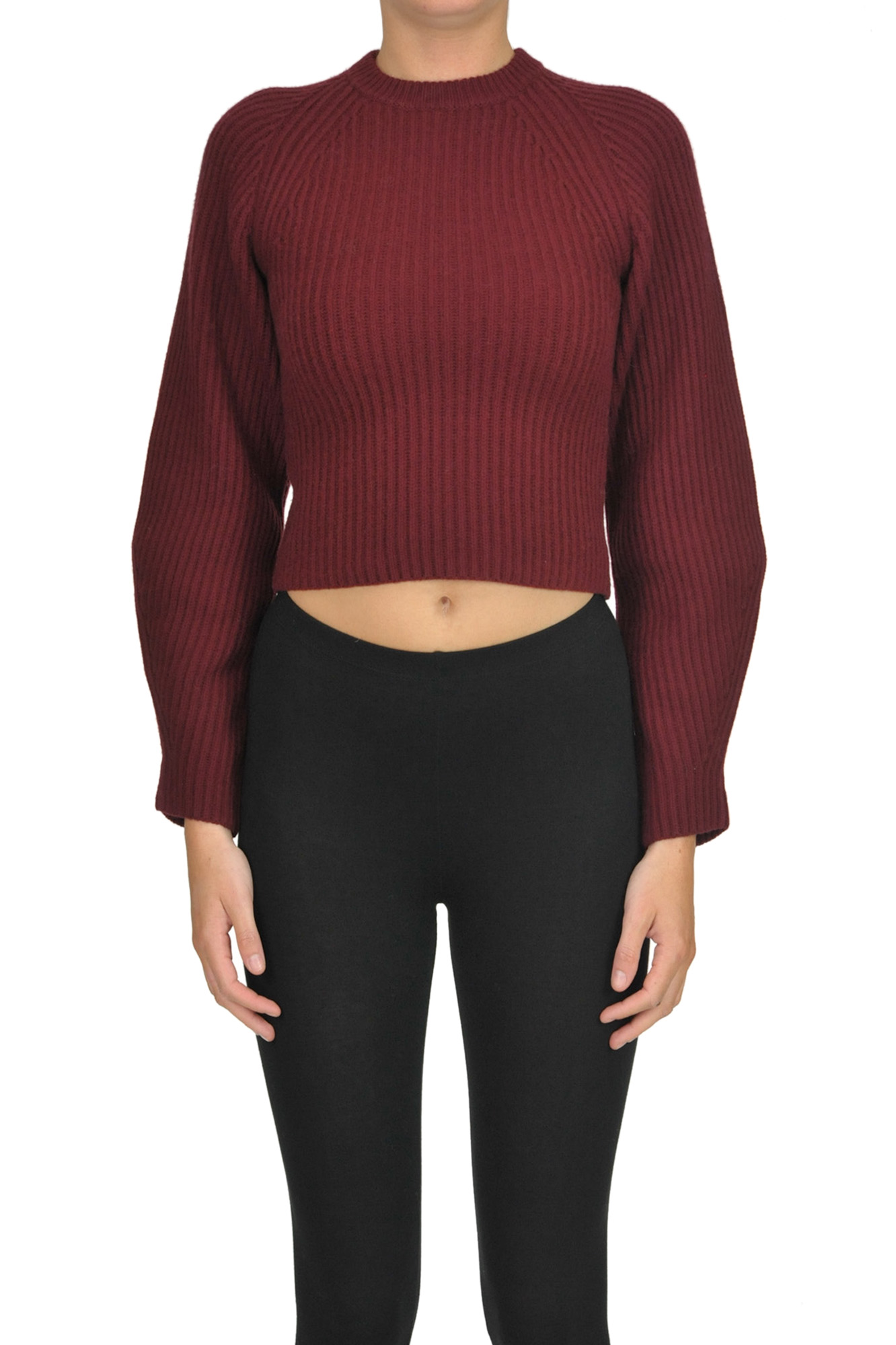 Theory Cropped Ribbed Knit Pullover In Bordeaux