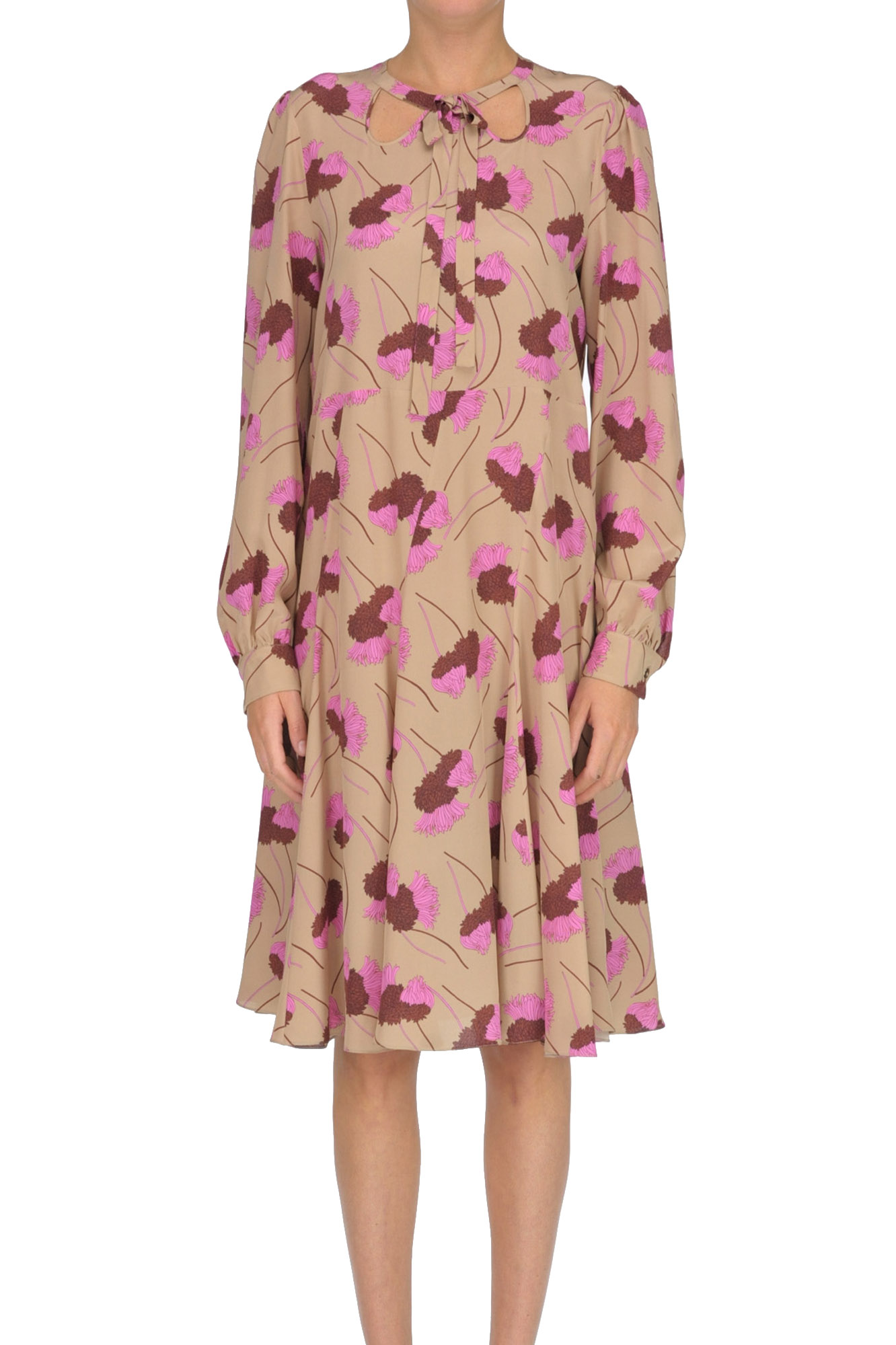 Rochas Flower Print Silk Dress In Beige