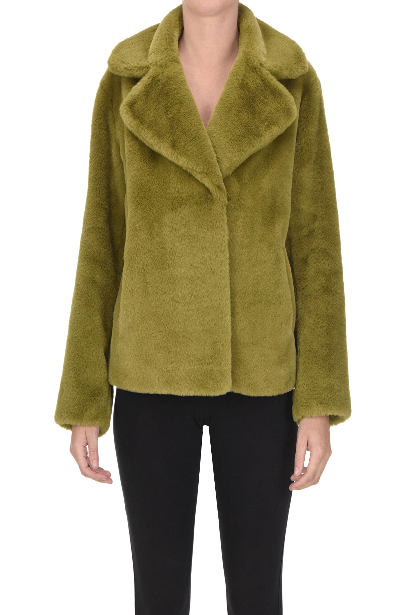 Velvet Eco-fur Jacket In Olive Green