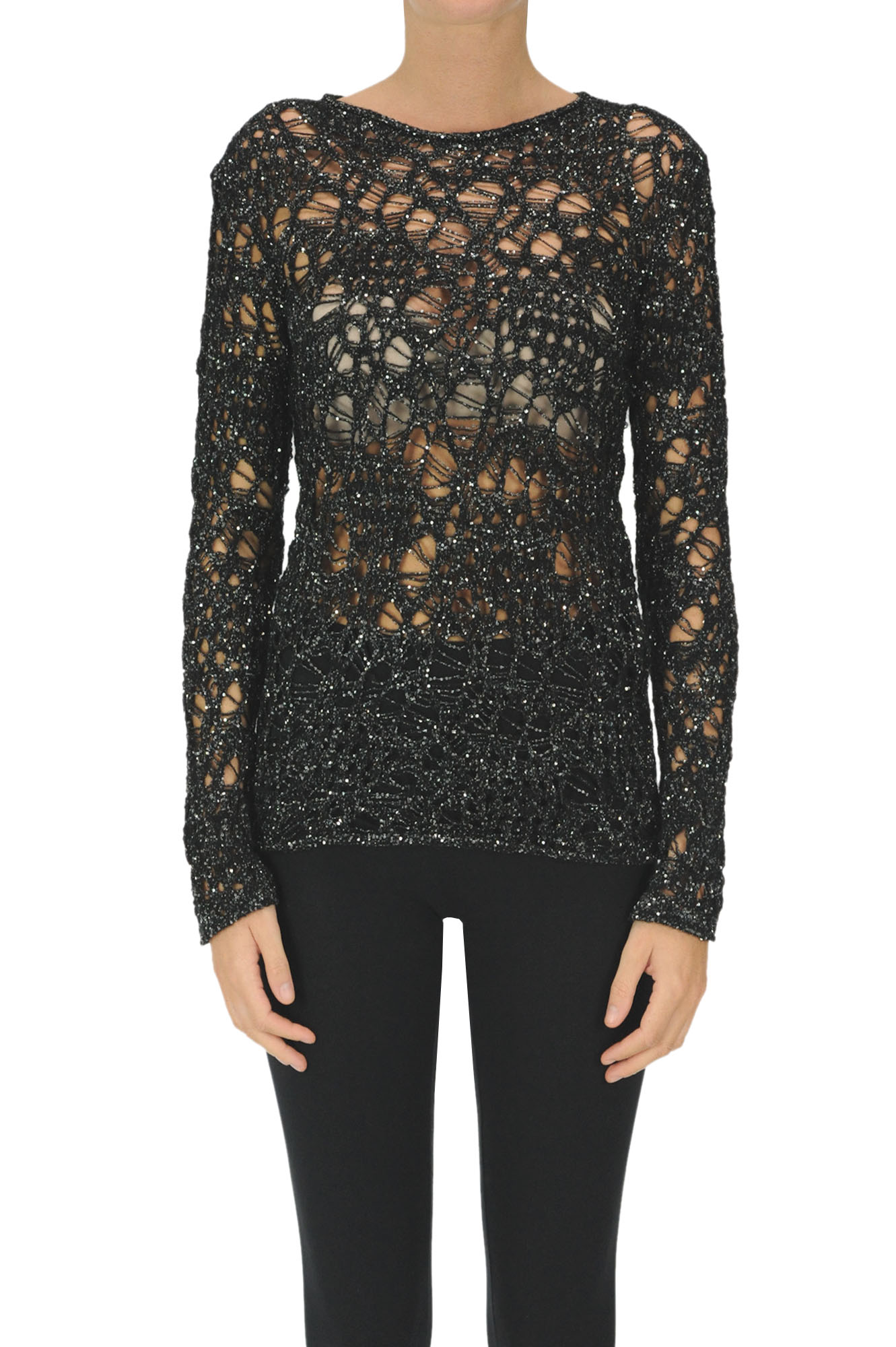 Saint Laurent Embellished Cut-out Knit Pullover In Black
