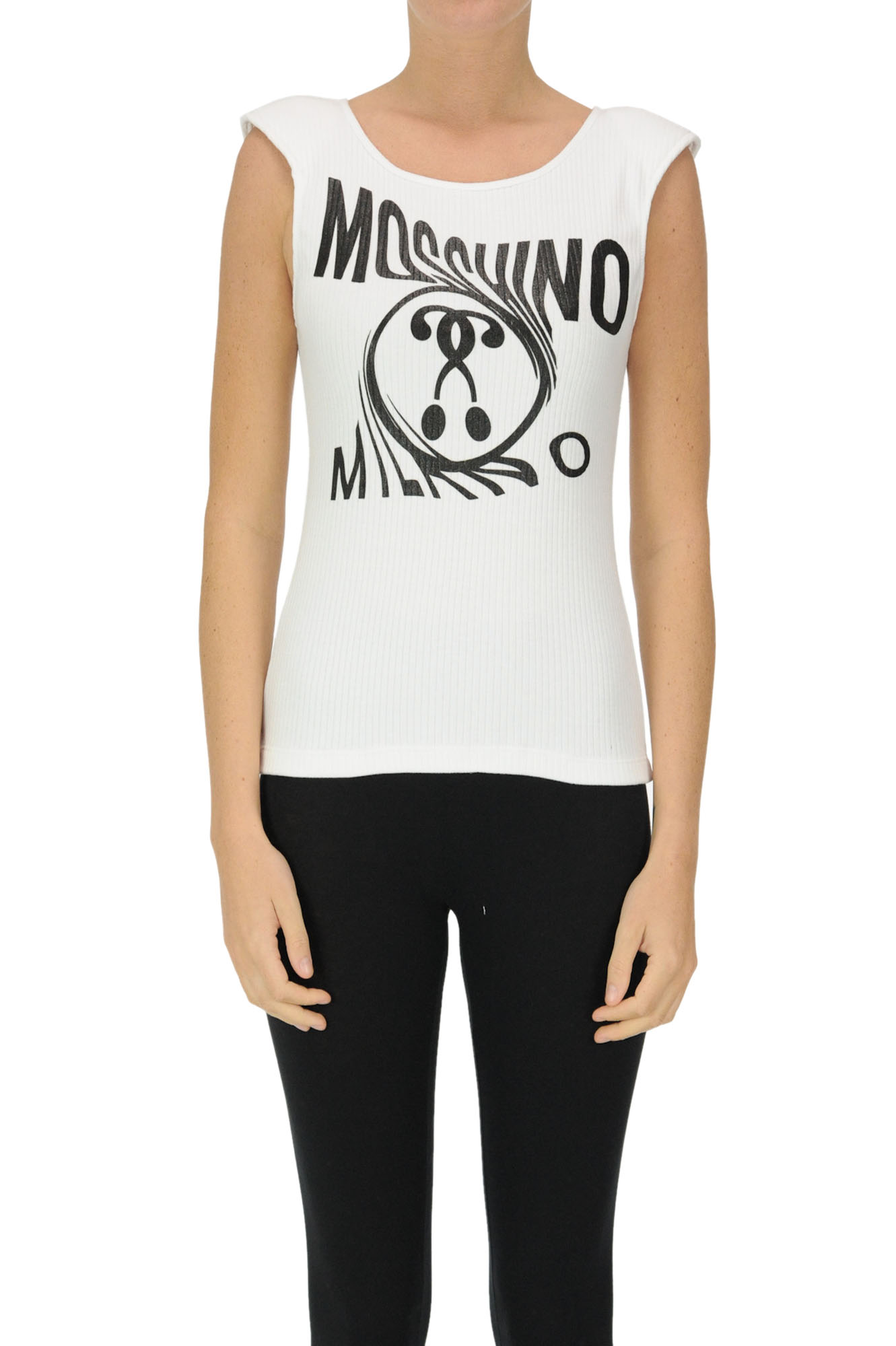 Moschino Couture Designer Logo Ribbed Top In White