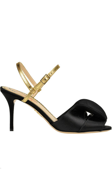 CHARLOTTE OLYMPIA SATIN AND METALLIC EFFECT LEATHER SANDALS