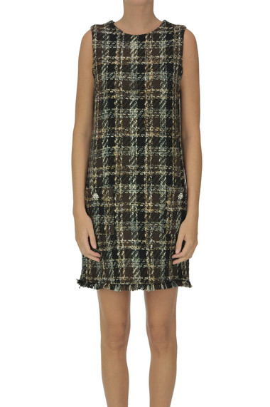 Shop Kaos Checked Print Tweed Dress In Dark Brown