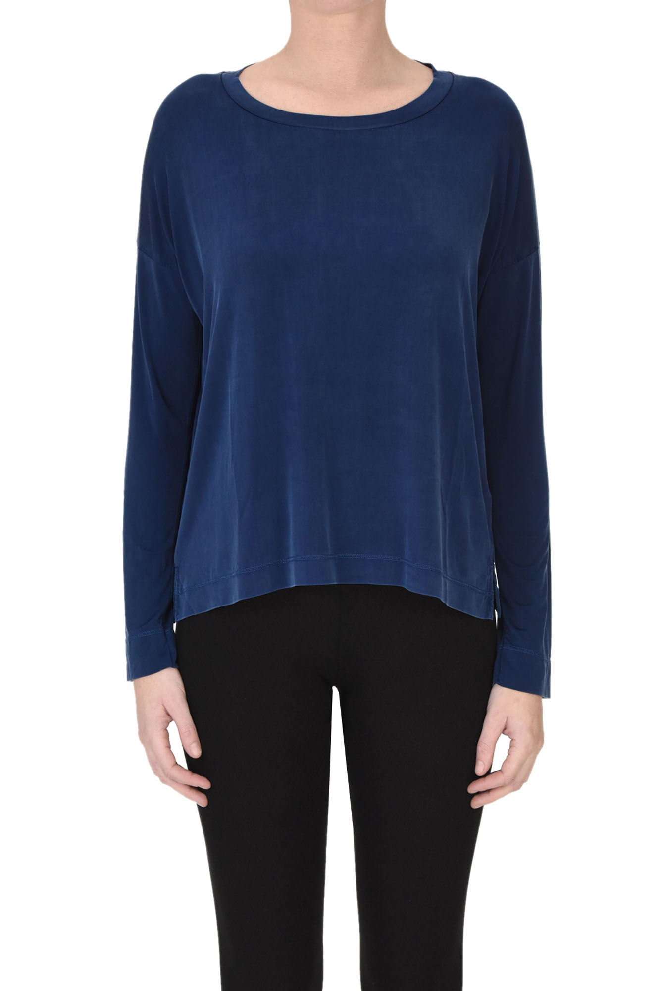 Shop Wool & Co Long Sleeves Cupro T-shirt In Navy Blue