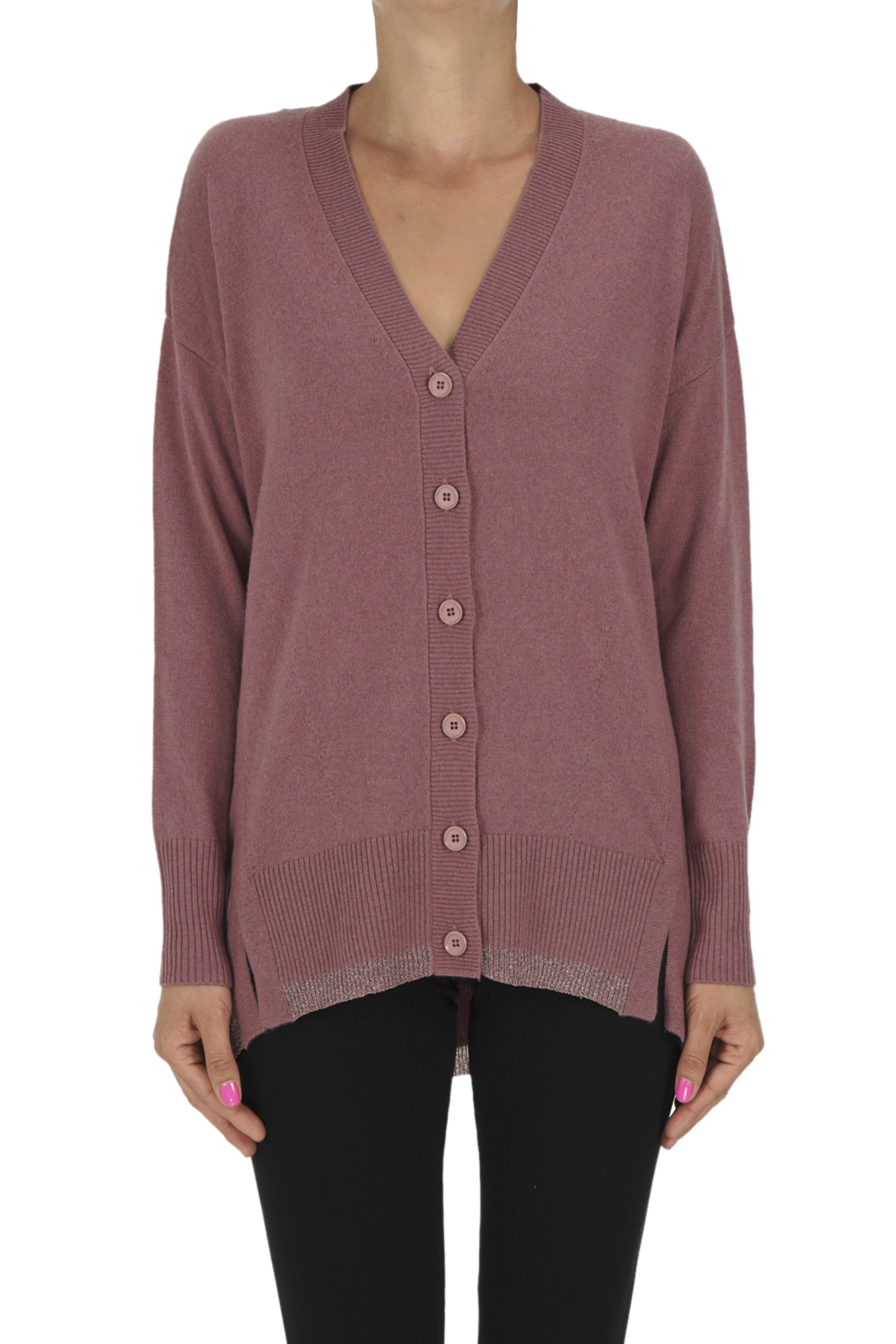Pinko Wool And Cashmere Cardigan With Lurex Edging In Pink