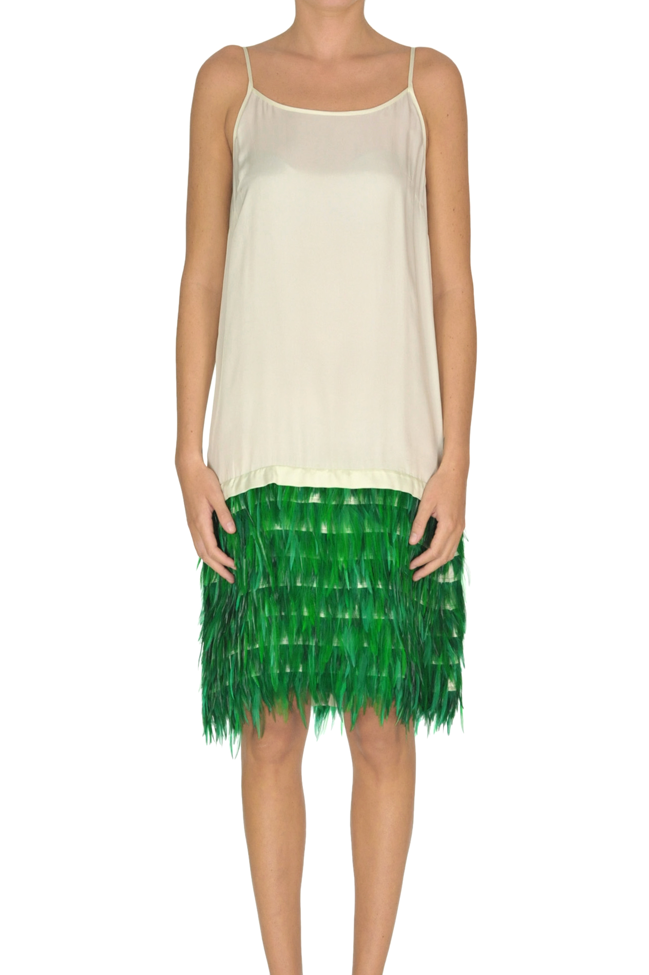 Slip dress with feathers