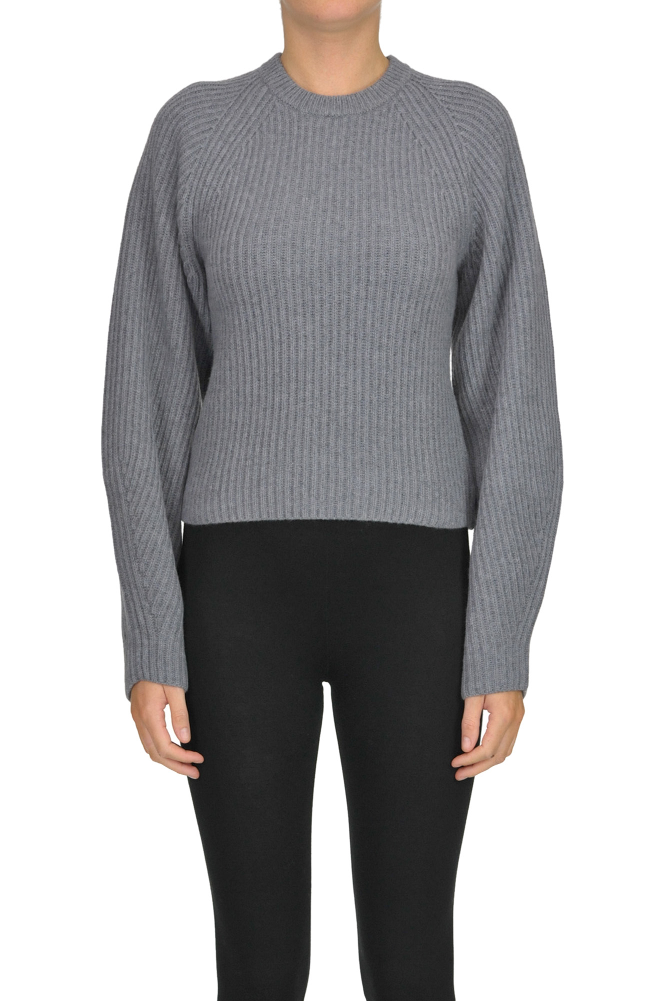 Theory Cropped Ribbed Knit Pullover In Grey