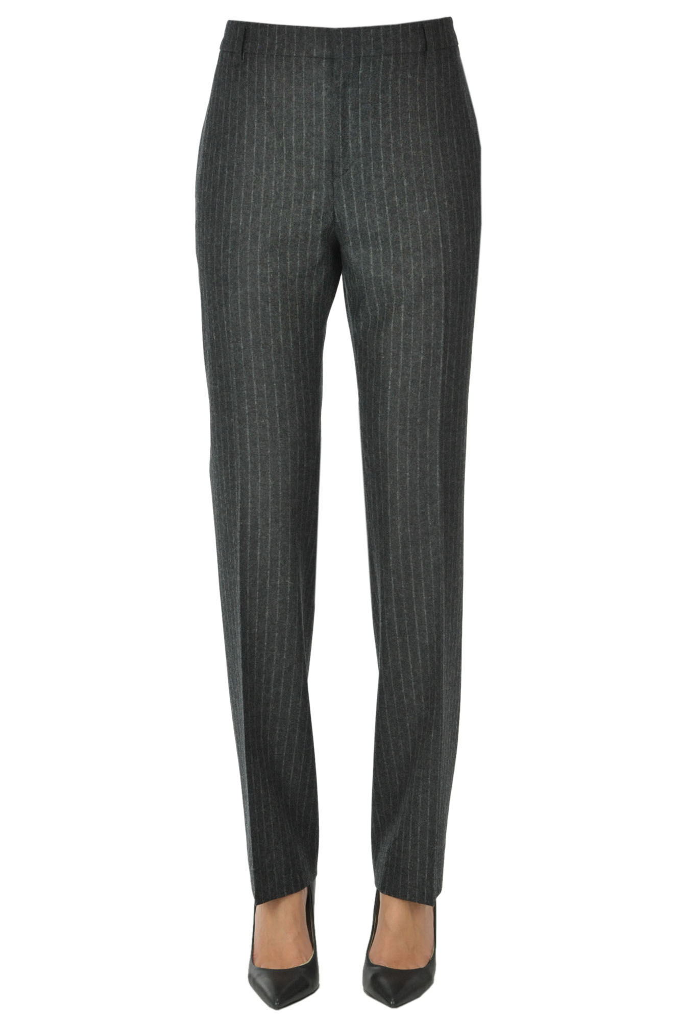 Celine Pinstriped Wool Trousers In Charcoal