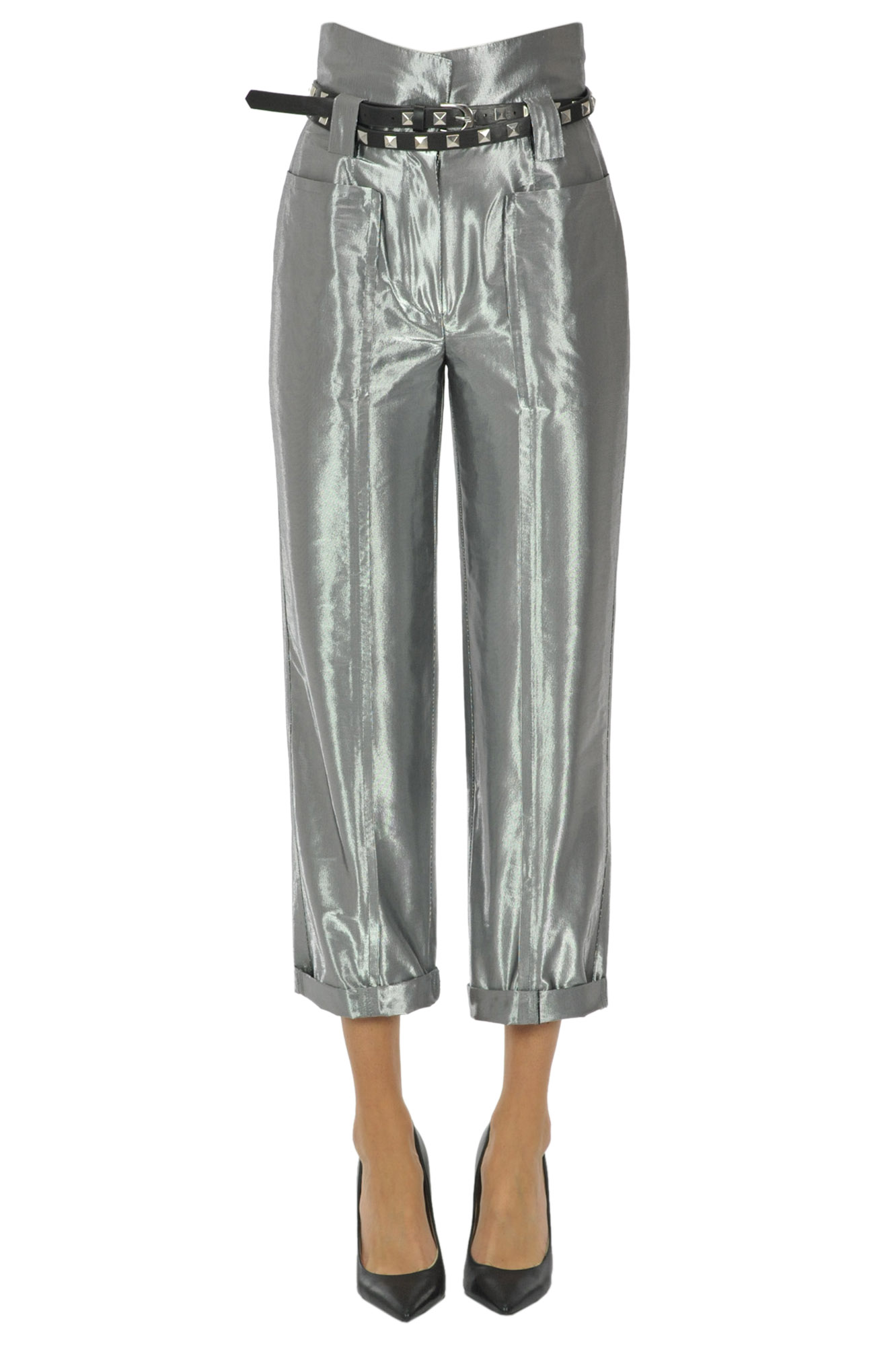 silver cropped trousers