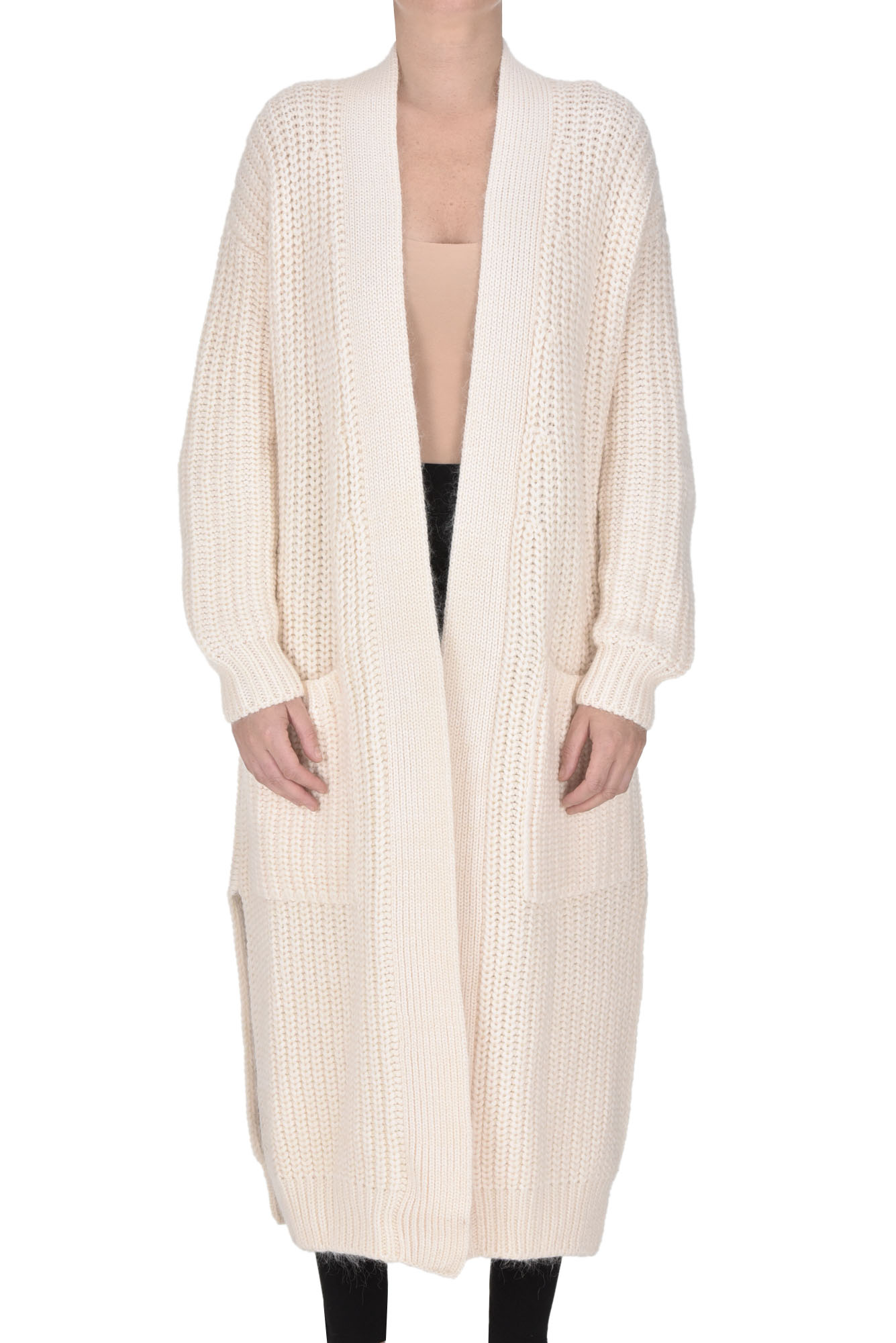 Shop Dondup Ribbed Knit Maxi Cardigan In Cream