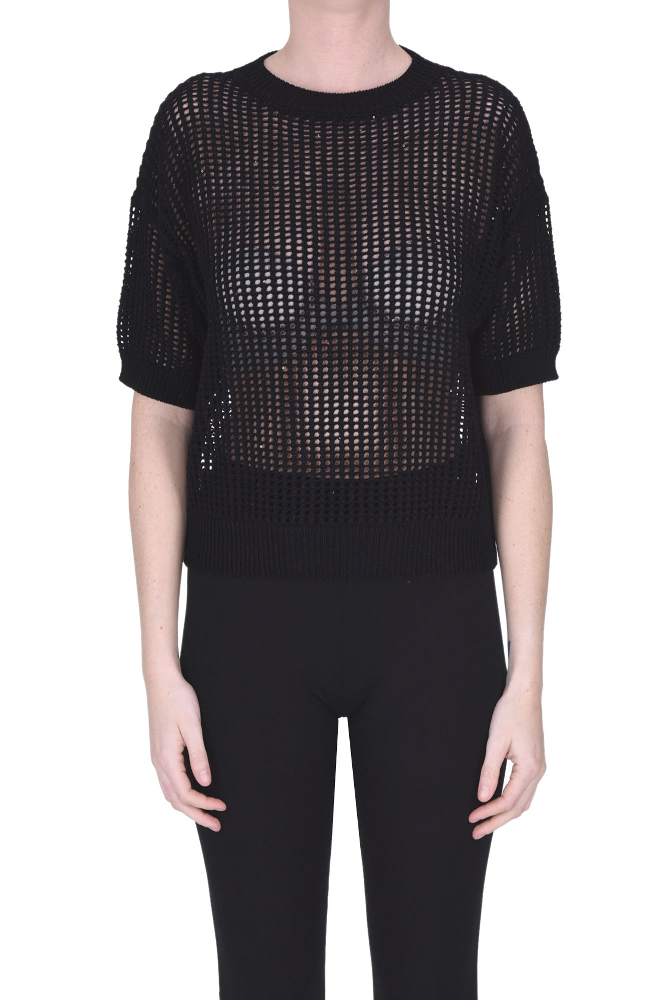 Shop Peserico Woven Open Knit Pullover In Black
