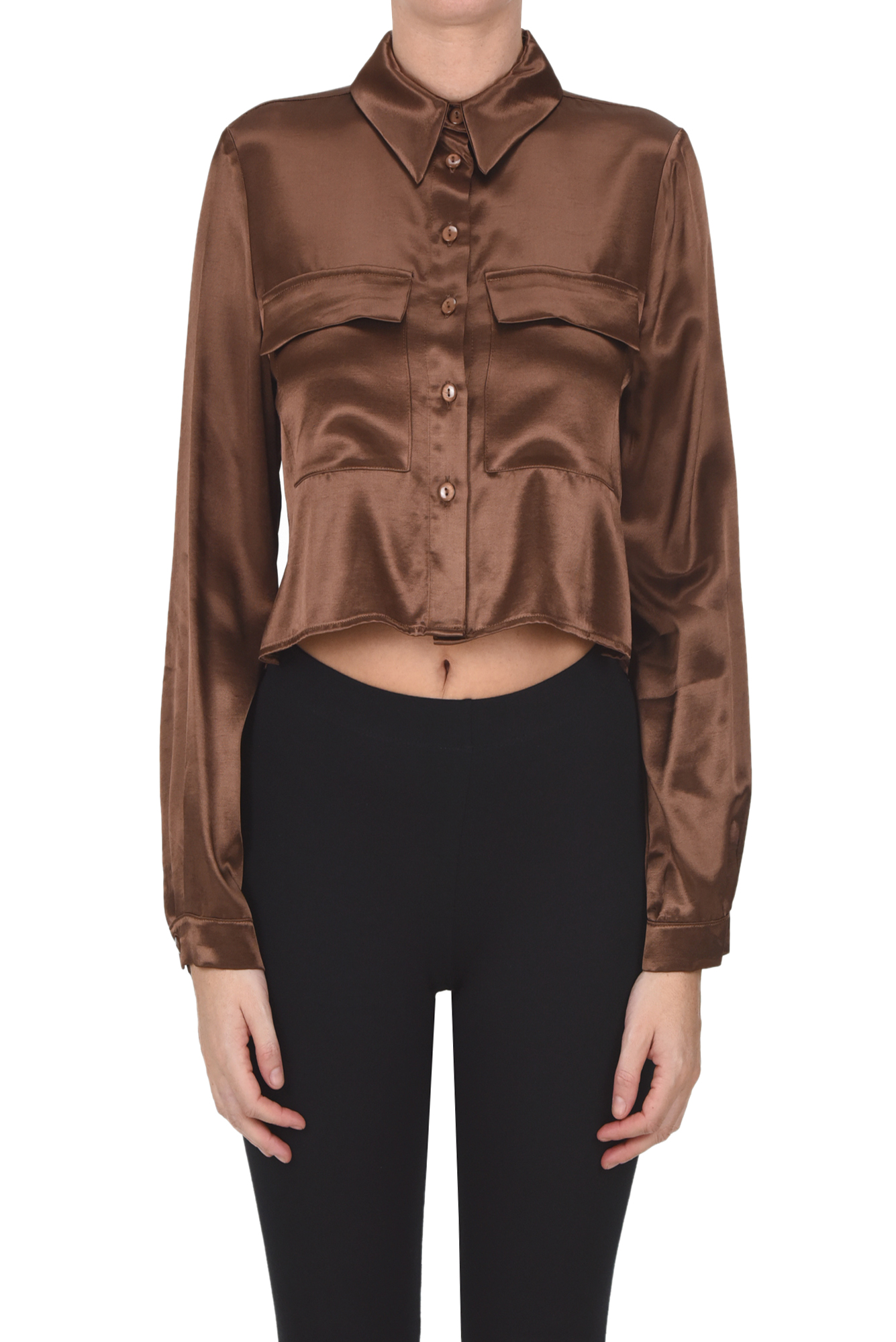 Kontatto Cropped Satin Shirt In Brown